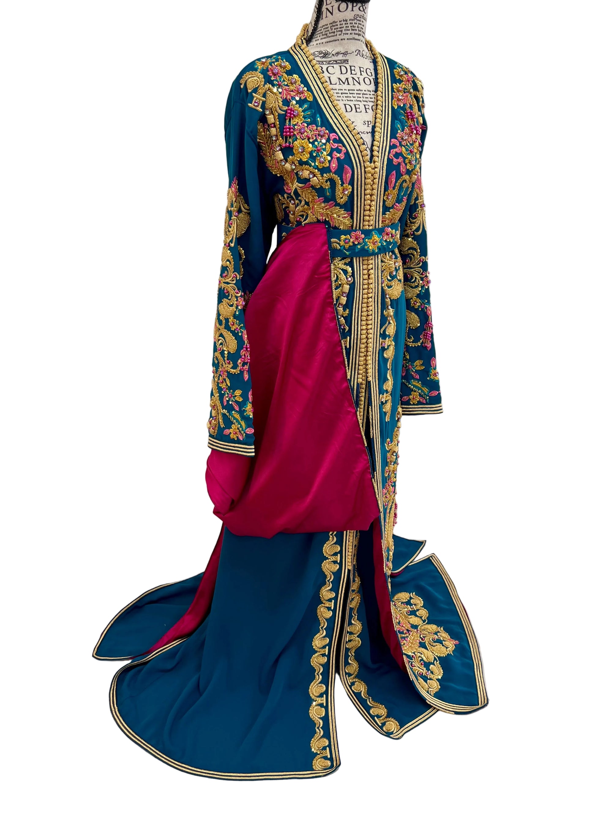 Teal & Magenta Moroccan Bridal Takchita with Hand-Beaded Gold Embroidery