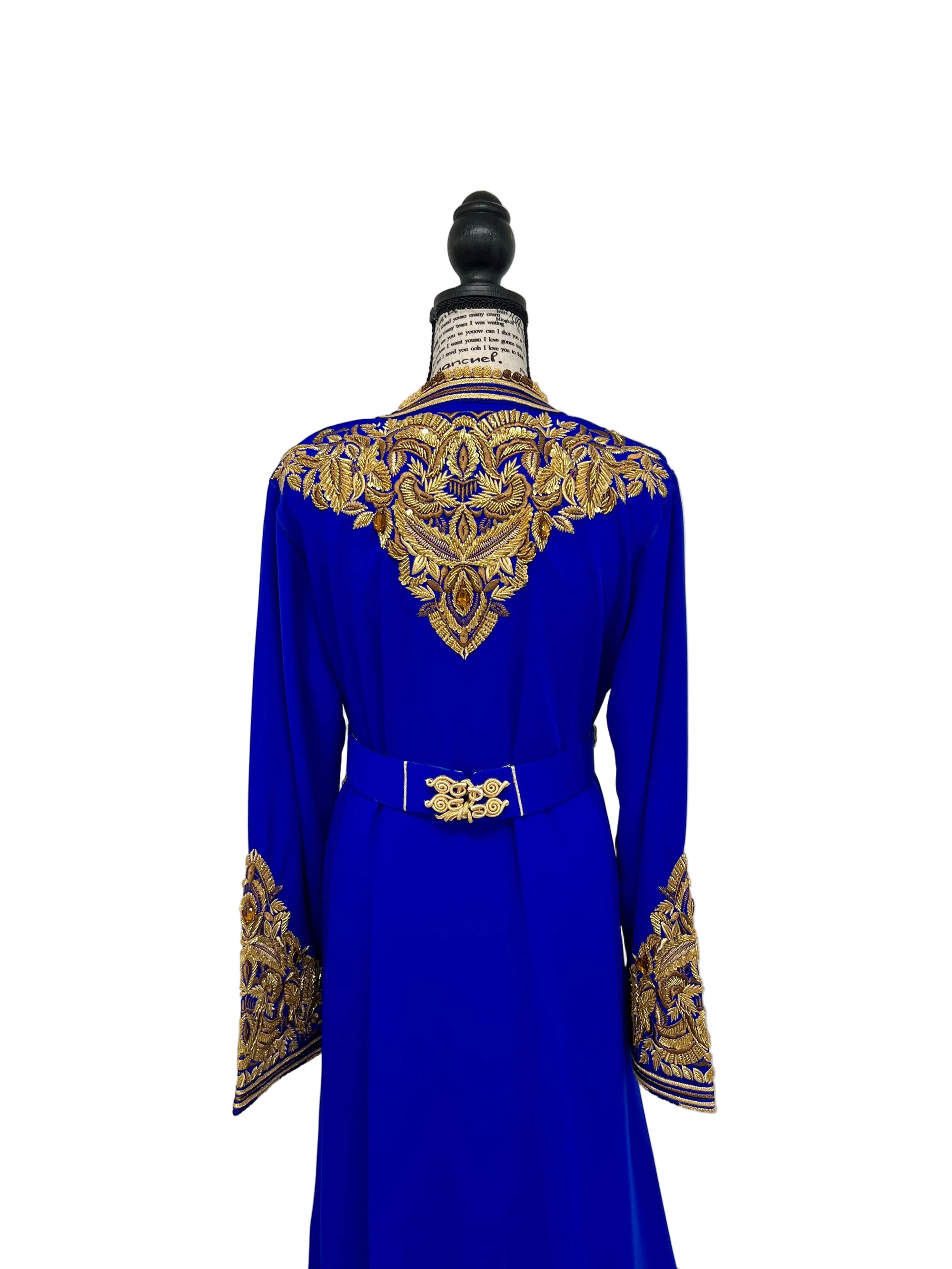 Moroccan Royal Blue Caftan with Gold and Bronze Embroidery, Satin Lined