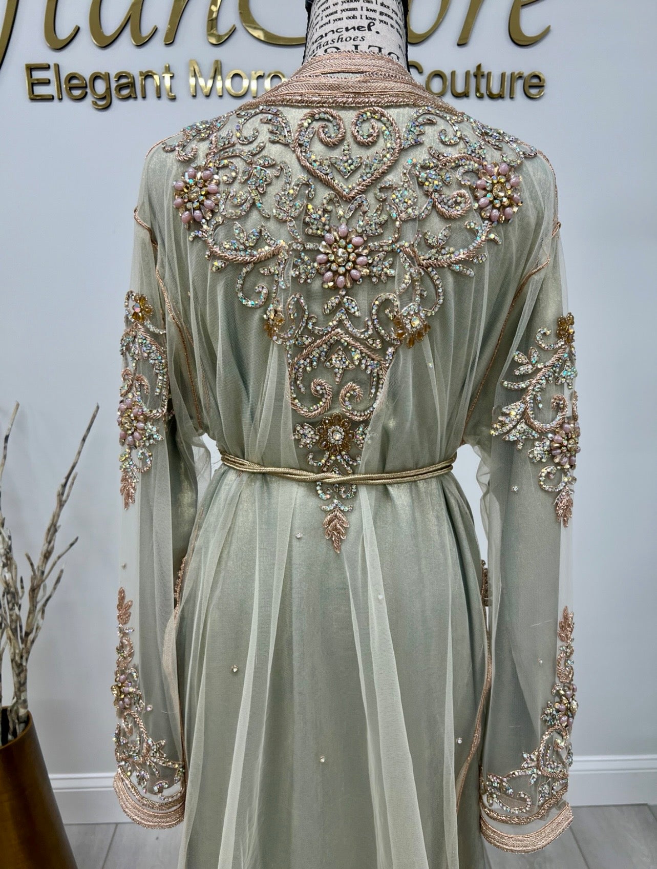 Sage Green Moroccan Tulle Takchita with Rose Gold Embroidery