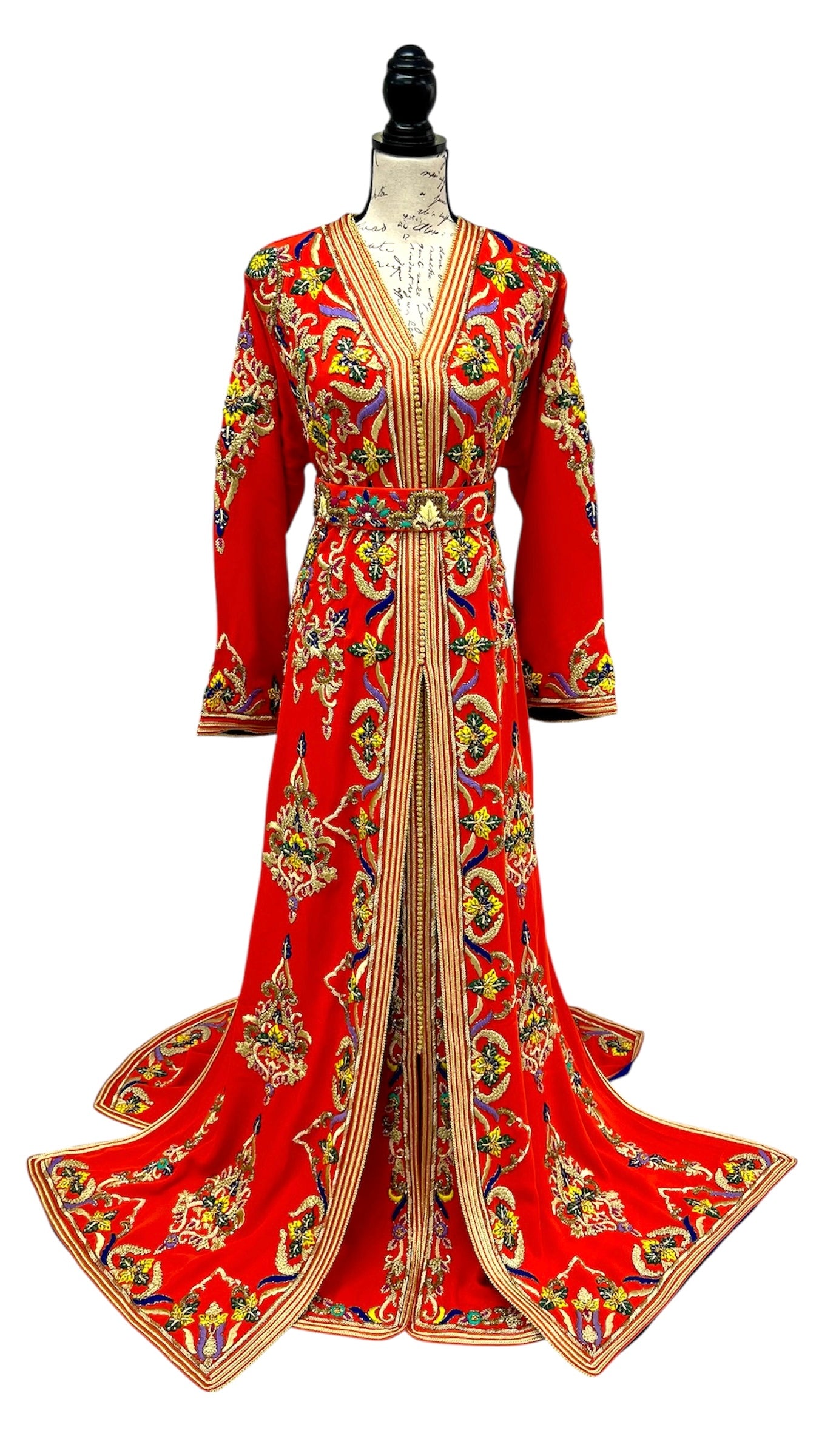 Designer Two Piece Orange Caftan with Satin Lining Embroidery and Train