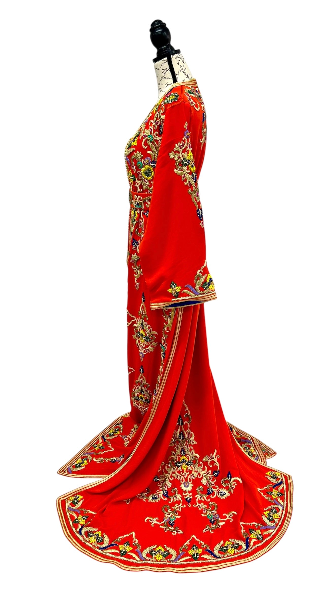 Designer Two Piece Orange Caftan with Satin Lining Embroidery and Train