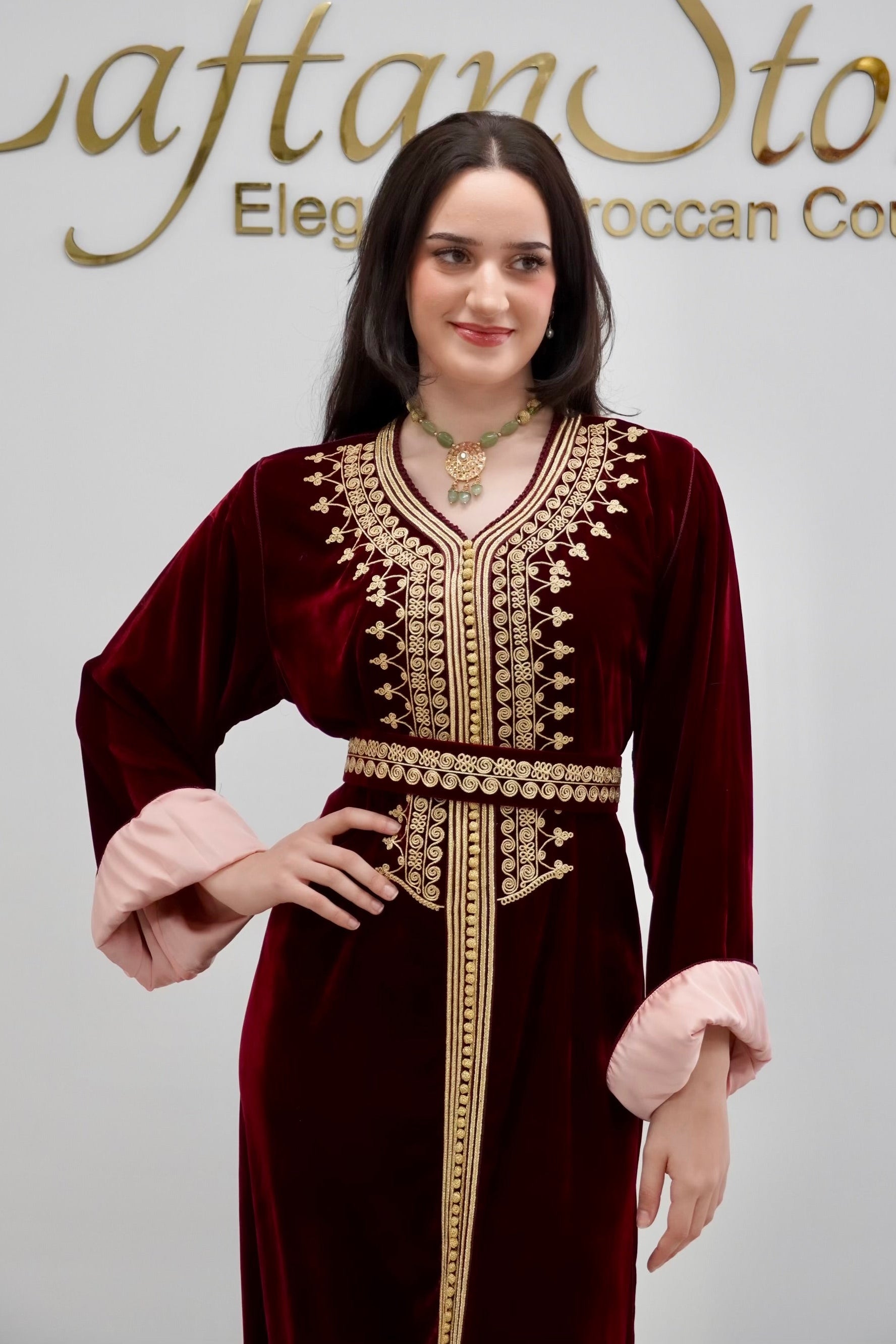 Timeless Burgundy Caftan with Exquisite Gold Embroidery and Baby Pink Contrast