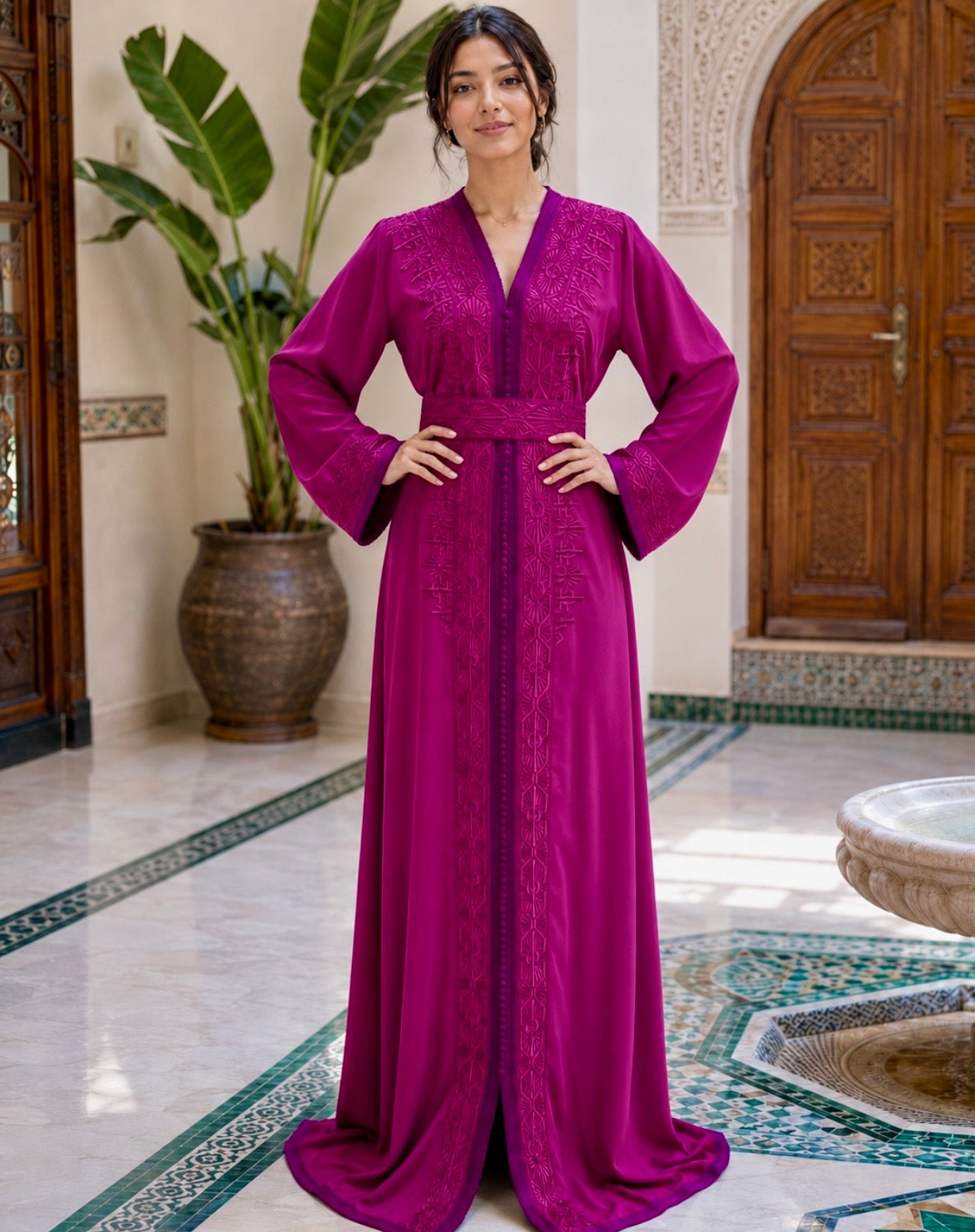 Embroidered Caftan Dress V Neck Maxi Design Long Flowing Silhouette Resort Wear Essential Vacation Dress Elegant Style Tone On Tone Embroidery Details Crepe Fabric Construction Matching Belt Included Perfect Beach Cover Up Sophisticated