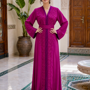 Embroidered Caftan Dress V Neck Maxi Design Long Flowing Silhouette Resort Wear Essential Vacation Dress Elegant Style Tone On Tone Embroidery Details Crepe Fabric Construction Matching Belt Included Perfect Beach Cover Up Sophisticated