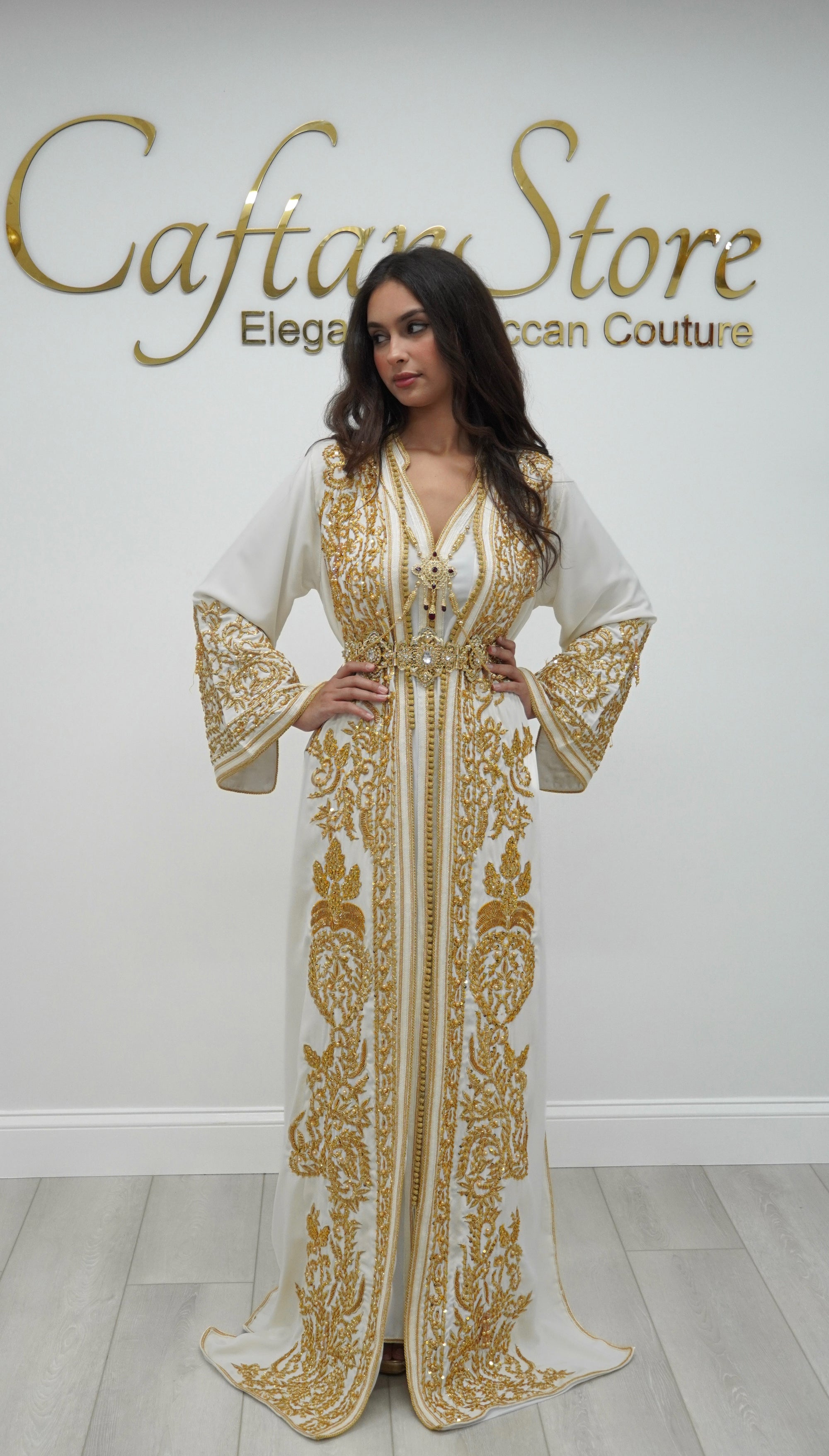Zahra Moroccan Wedding Dress – Ivory & Gold Embroidered Bridal Takchita Caftan