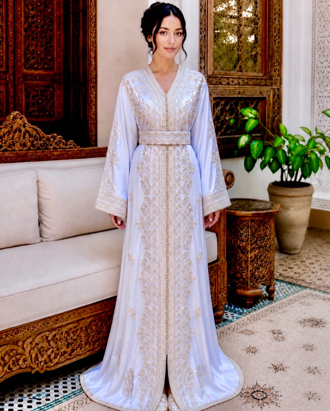 White Satin Moroccan Caftan with Silver Embroidery | Elegant Belted Kaftan