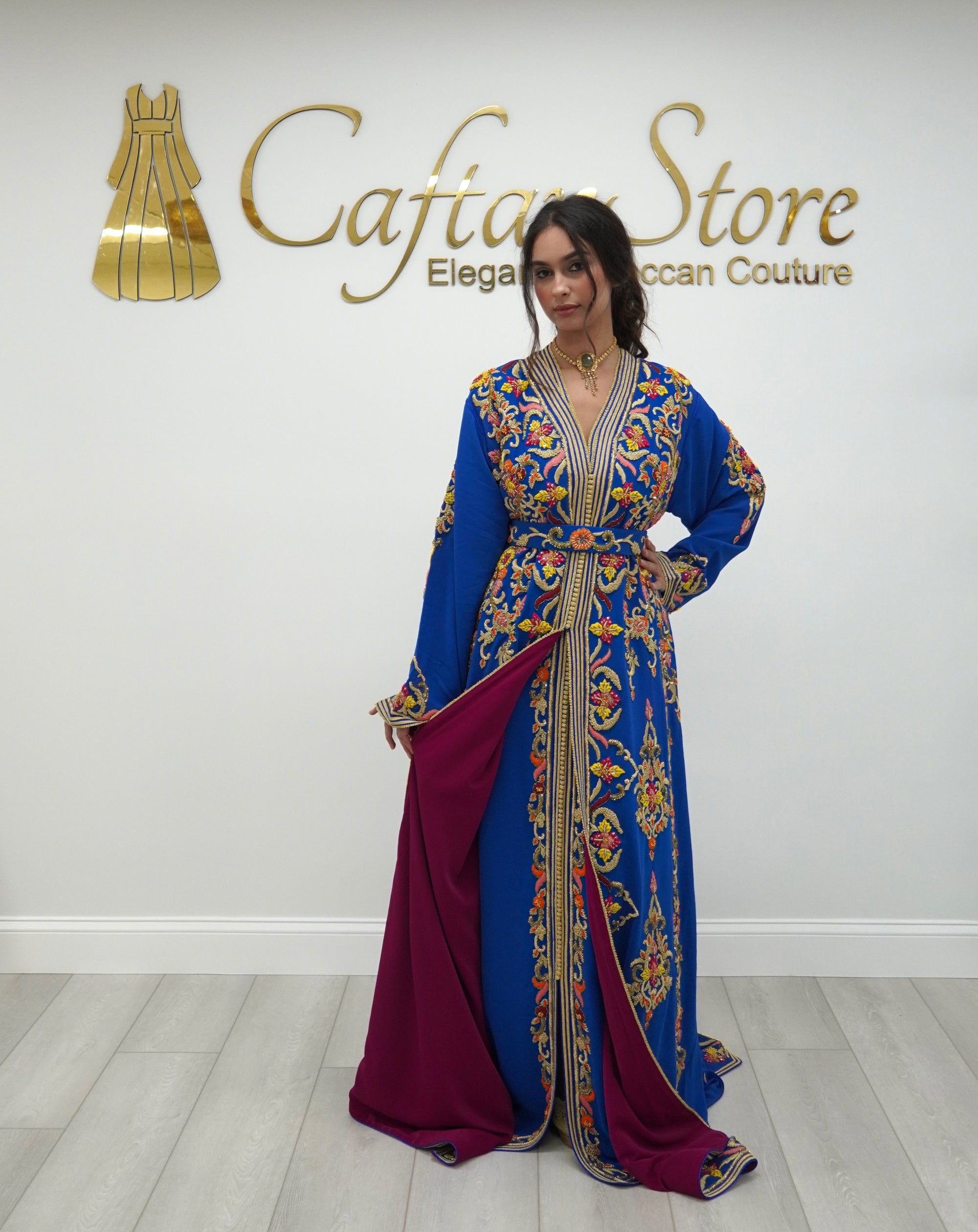 Moroccan Caftan – Cobalt Blue Two-Piece with Gold Embroidery Beaded Bridal Takchita