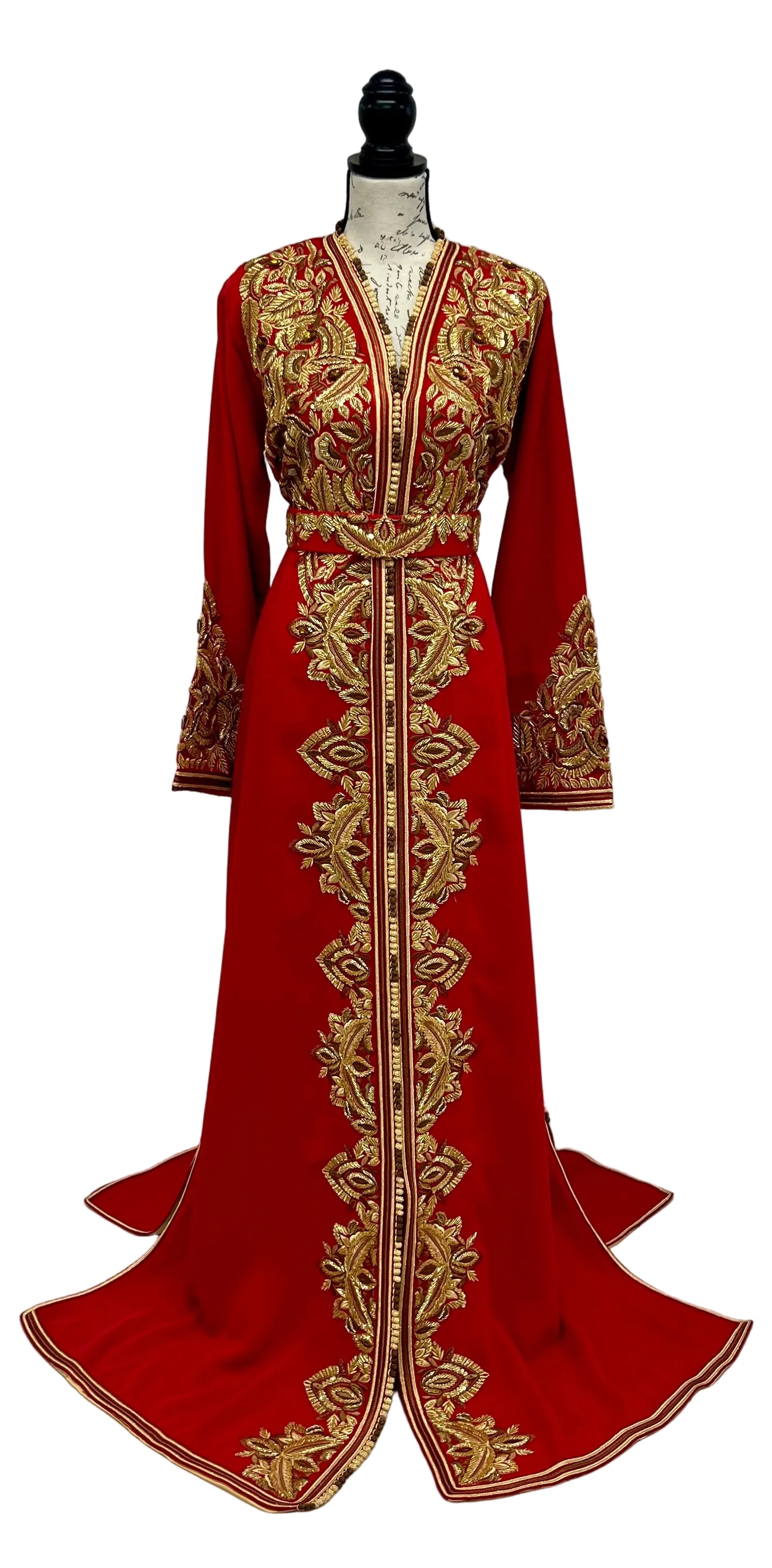 Moroccan Red Caftan with Gold and Bronze Embroidery, Satin Lined