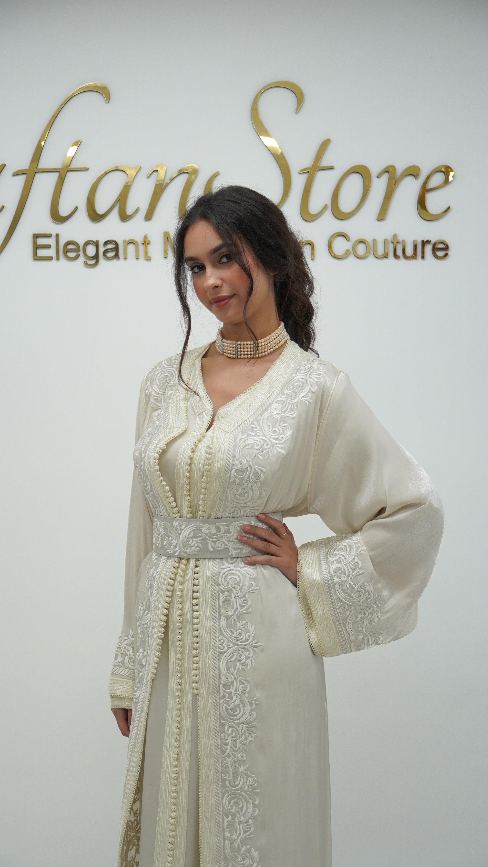 Moroccan Takchita Dress – Cream Embroidered Two-piece Wedding Caftan