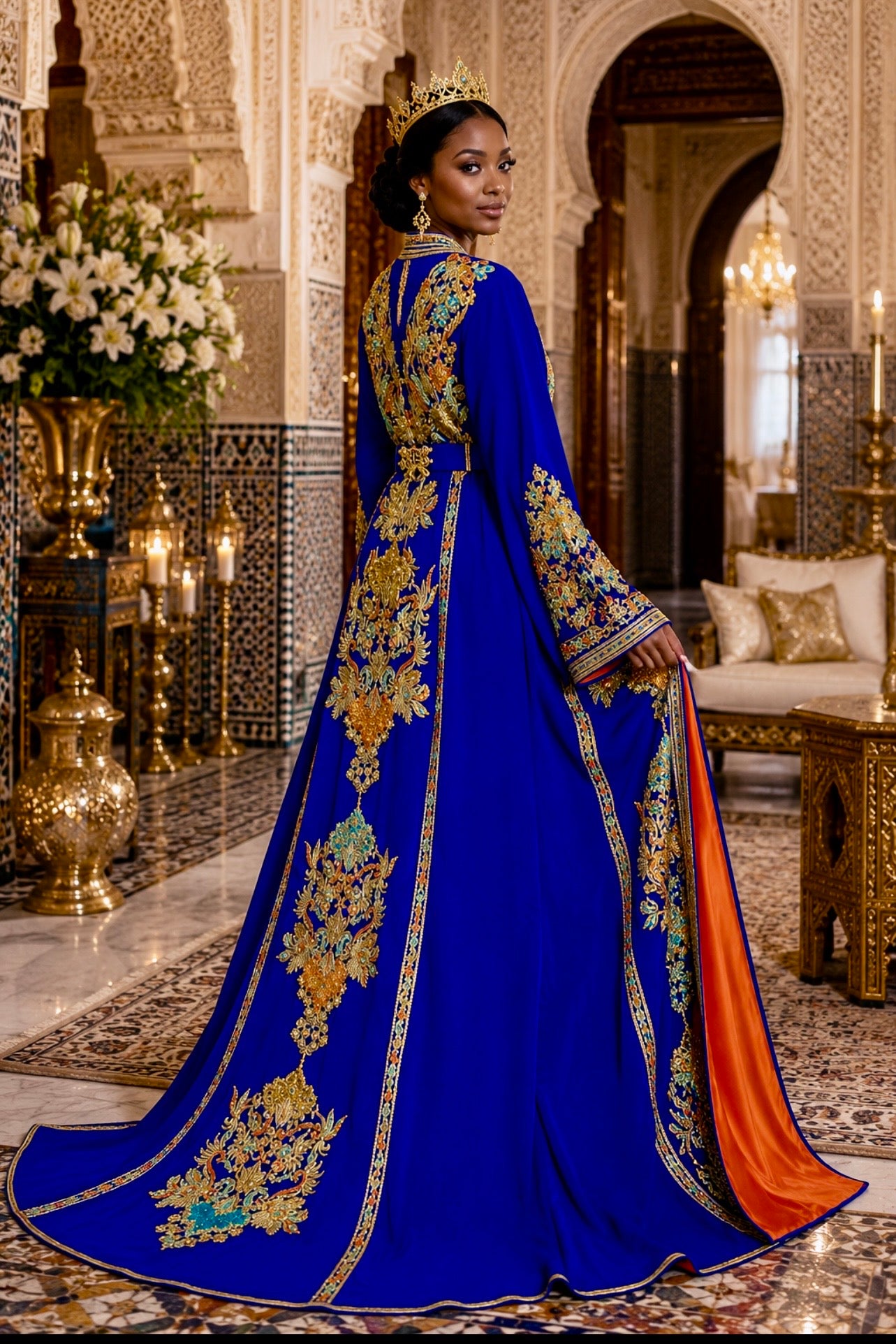 Moroccan Wedding Dress – Royal Blue Takchita with Gold Embroidery