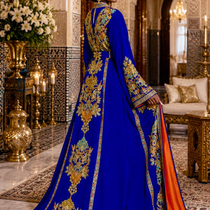 Moroccan Wedding Dress Royal Blue Takchita Gold Embroidery Design Traditional Bridal Caftan Two Piece Set Luxurious Formal Wear Henna Night Outfit Special Occasion Dress Turquoise Amber Accents Orange Satin Lining Matching Belt Included