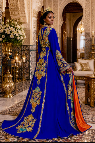 Moroccan Wedding Dress Royal Blue Takchita Gold Embroidery Design Traditional Bridal Caftan Two Piece Set Luxurious Formal Wear Henna Night Outfit Special Occasion Dress Turquoise Amber Accents Orange Satin Lining Matching Belt Included