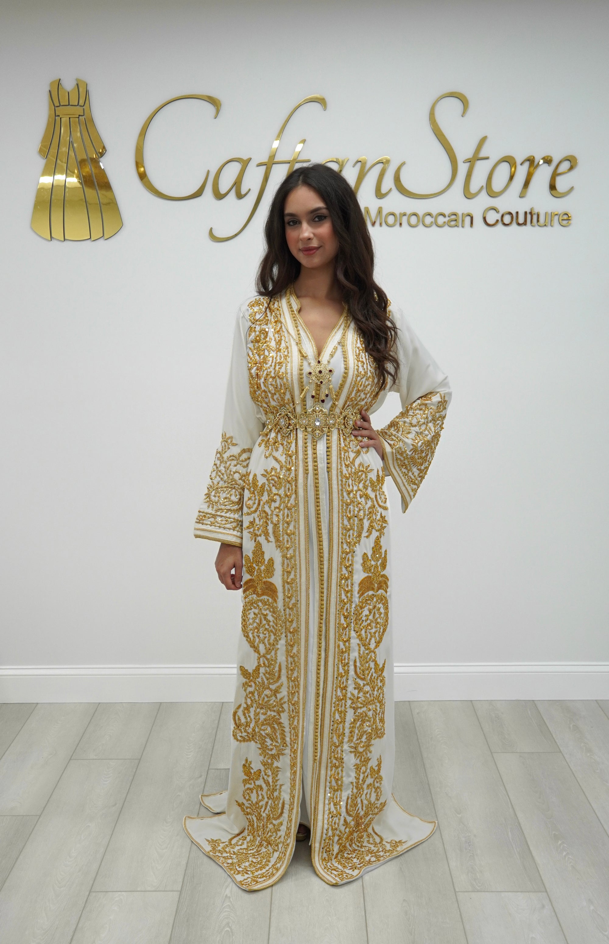 Zahra Moroccan Wedding Dress – White & Gold Embroidered Bridal Takchita Caftan