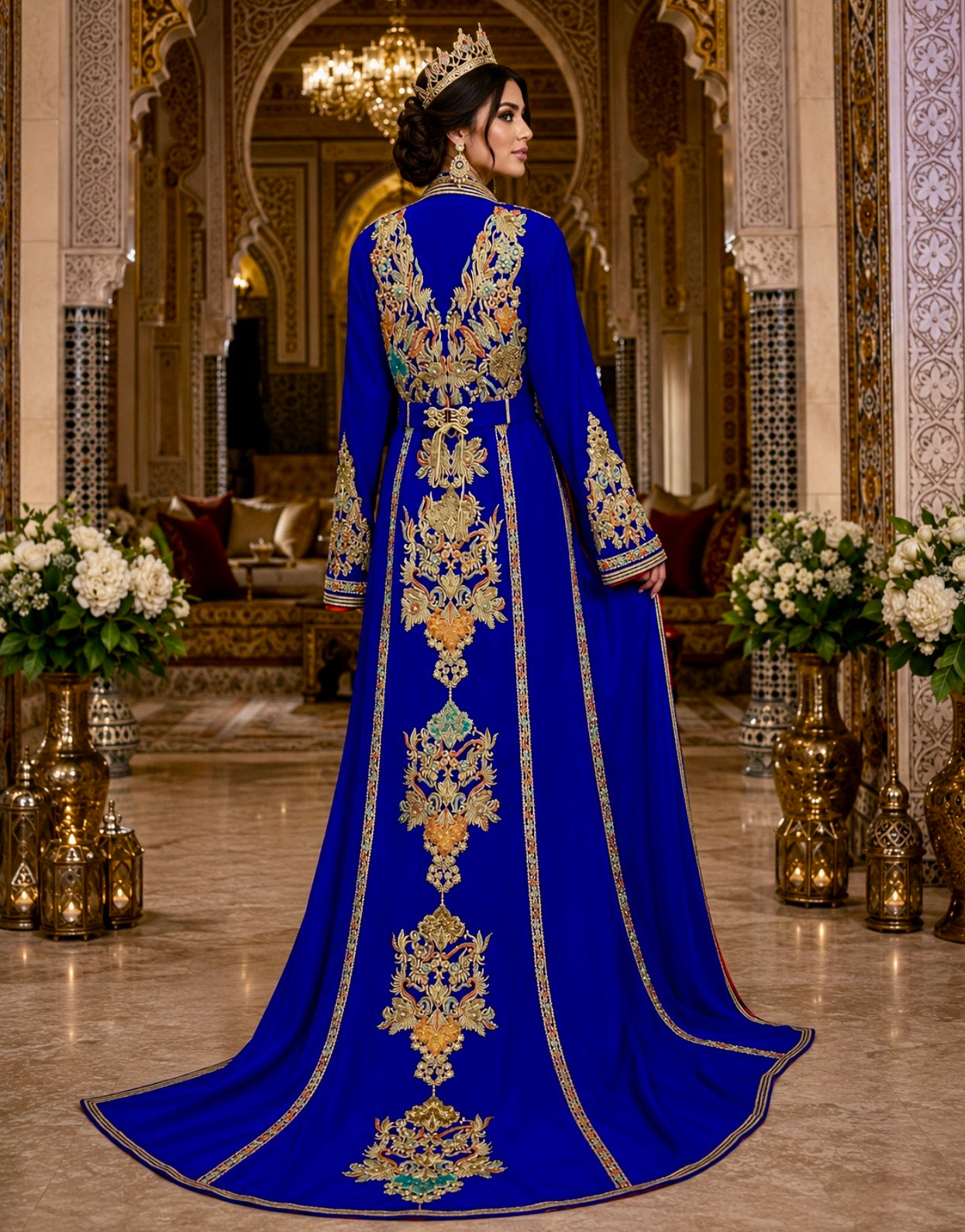 Moroccan Bridal Caftan Royal Blue Takchita Two Piece Wedding Dress Gold Embroidery Traditional Formal Wear Henna Night Celebration Attire Special Event Outfit Luxurious Cultural Design Orange Satin Lining Details Turquoise Amber Touches