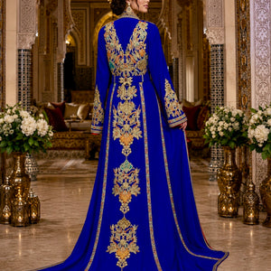 Moroccan Bridal Caftan Royal Blue Takchita Two Piece Wedding Dress Gold Embroidery Traditional Formal Wear Henna Night Celebration Attire Special Event Outfit Luxurious Cultural Design Orange Satin Lining Details Turquoise Amber Touches