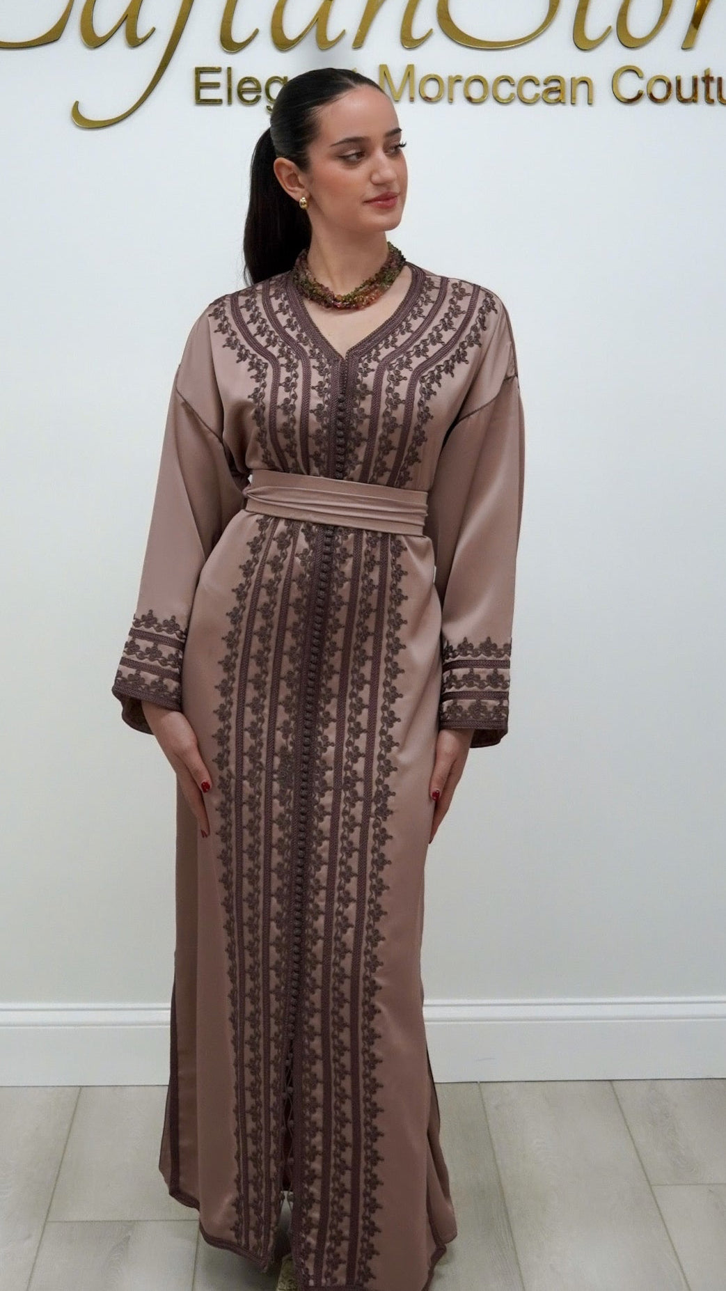 Timeless Mocha Drap de Soie Moroccan Caftan