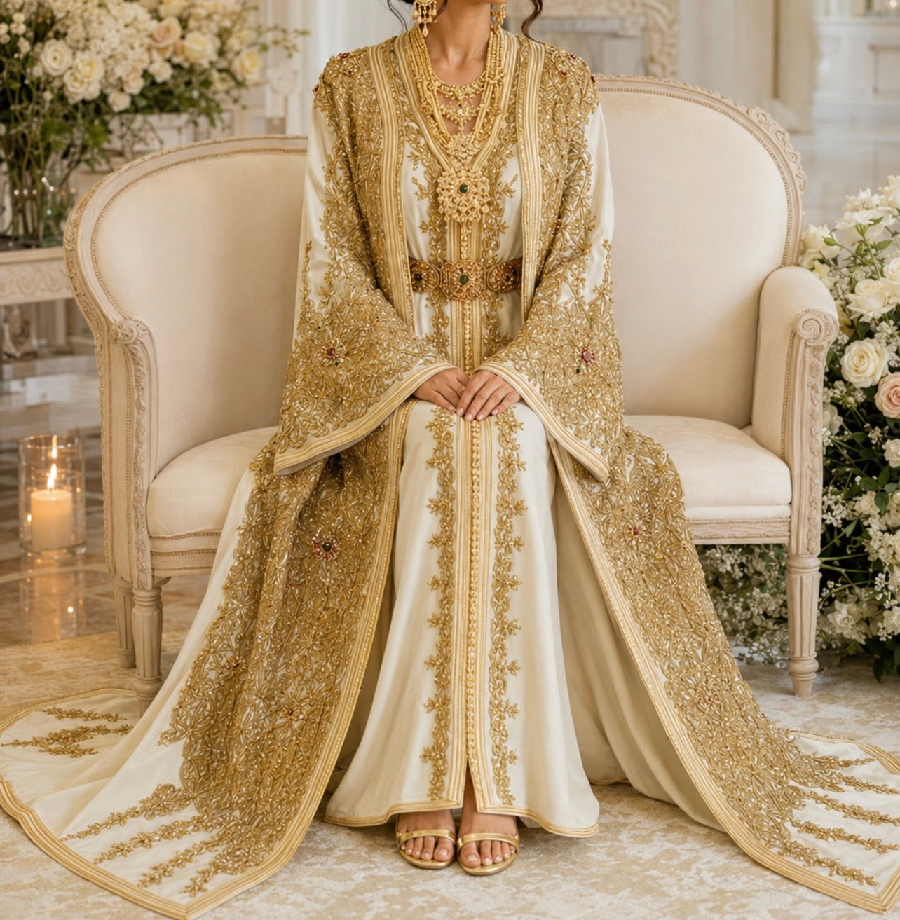 Designer Elfenbein & Gold Marokkanischer Brautkaftan | Handbestickte Takchita