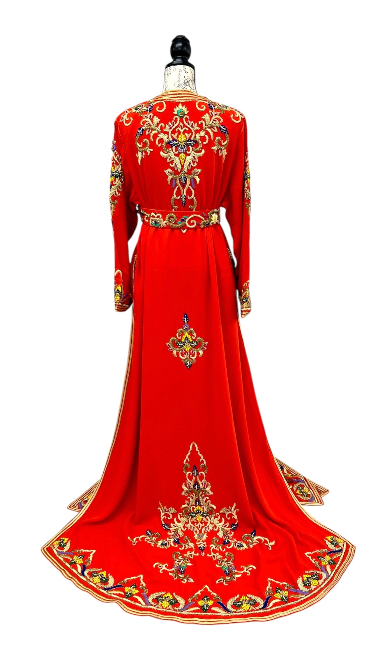 Designer Two Piece Orange Caftan with Satin Lining Embroidery and Train