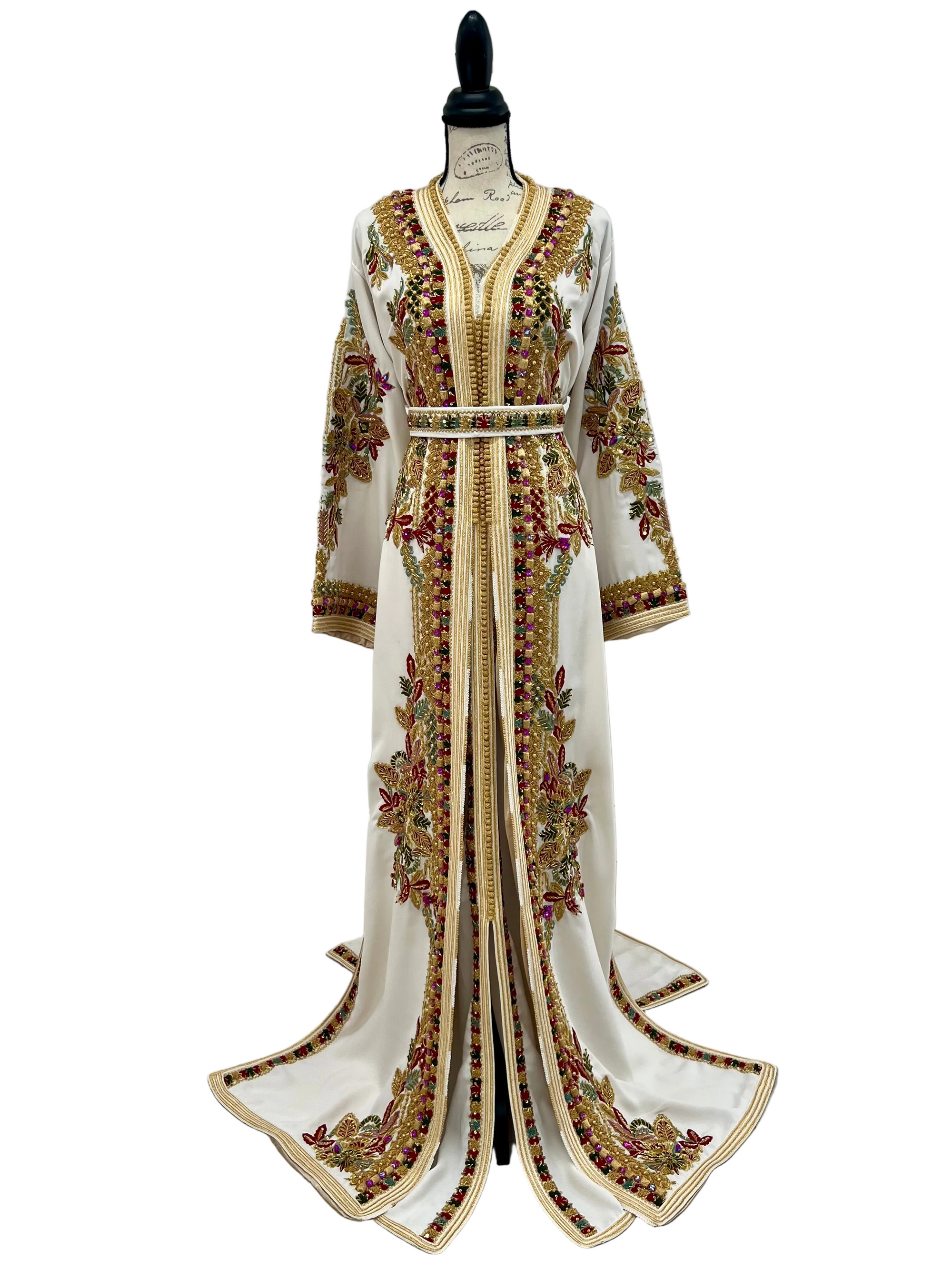 Ivory Moroccan Caftan with Gold Embroidery and Beading