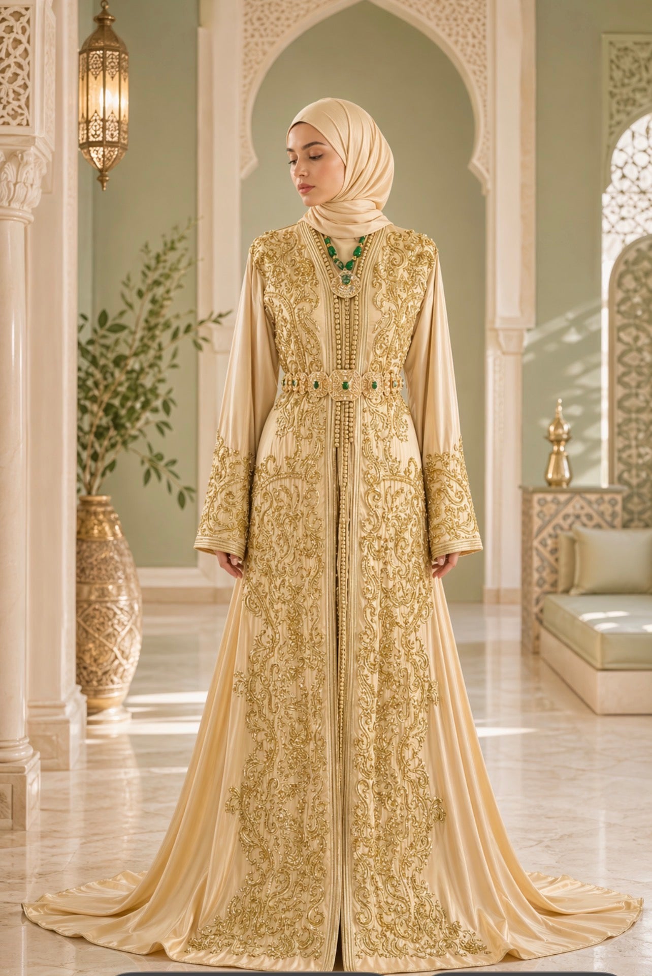 Luxury Gold Bridal Takchita with Beaded Embroidery & Veil with Train Moroccan Caftan