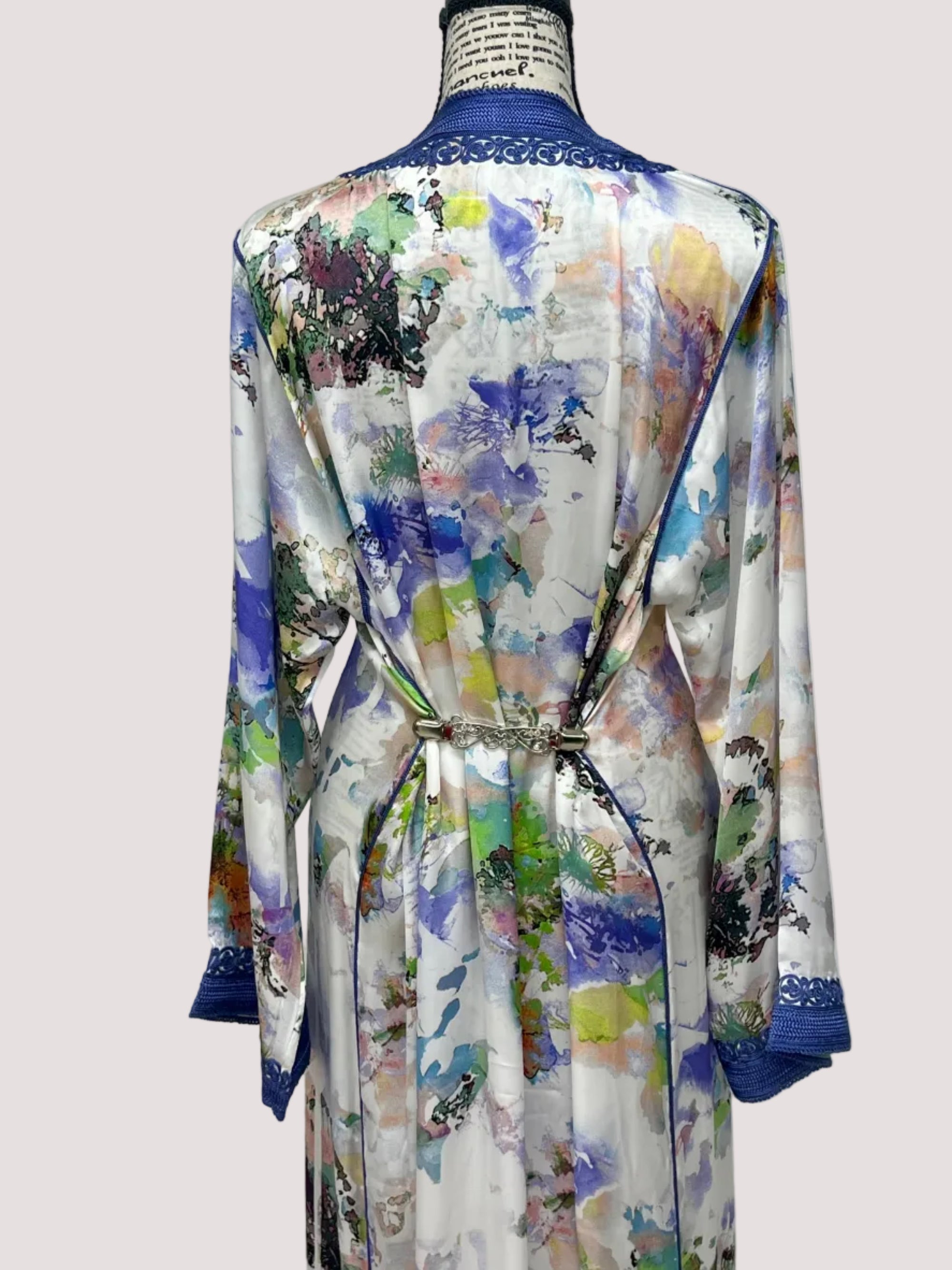 One-Piece Moroccan Satin Silk Caftan – Abstract Floral Print | Modest Luxury Dress