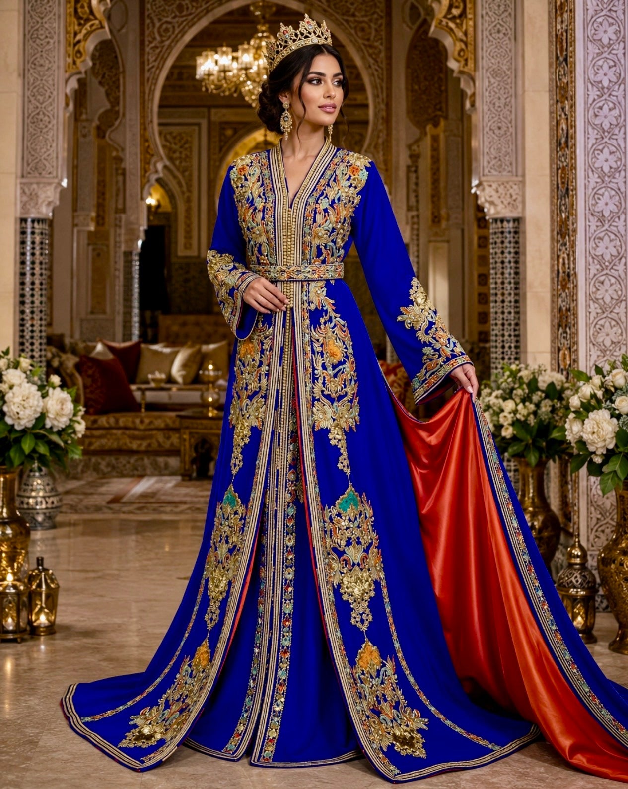 Moroccan Wedding Dress – Royal Blue Takchita with Gold Embroidery