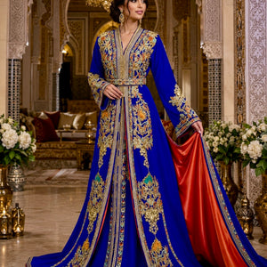 Royal Blue Caftan Moroccan Takchita Dress Gold Embroidered Wedding Outfit Traditional Bridal Wear Two Piece Formal Set Henna Night Celebration Dress Special Event Attire Intricate Embroidery Details Orange Satin Contrast Lining Turquoise