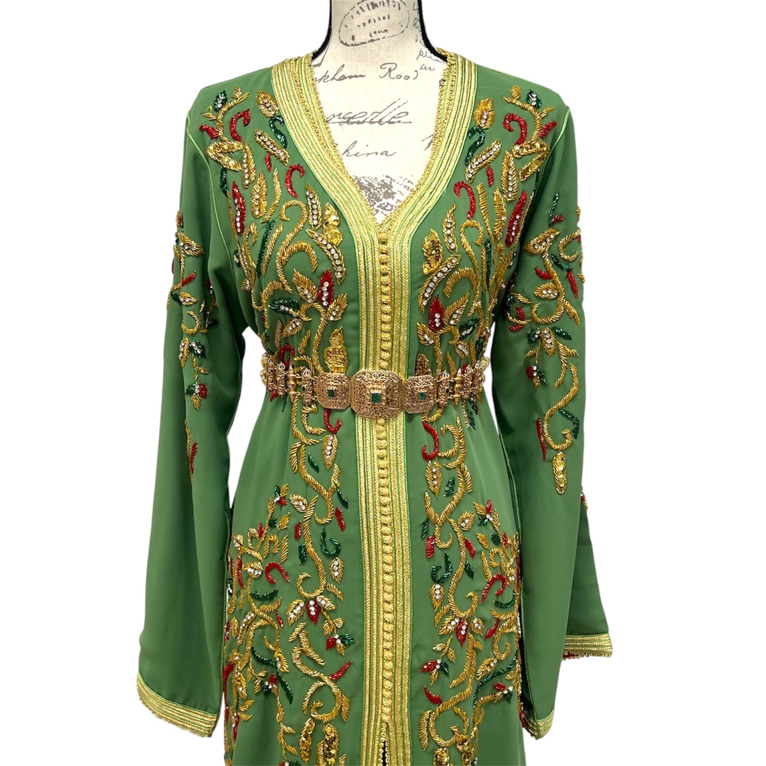 Sage Green Moroccan Caftan – Hand Beaded Embroidered Formal Dress