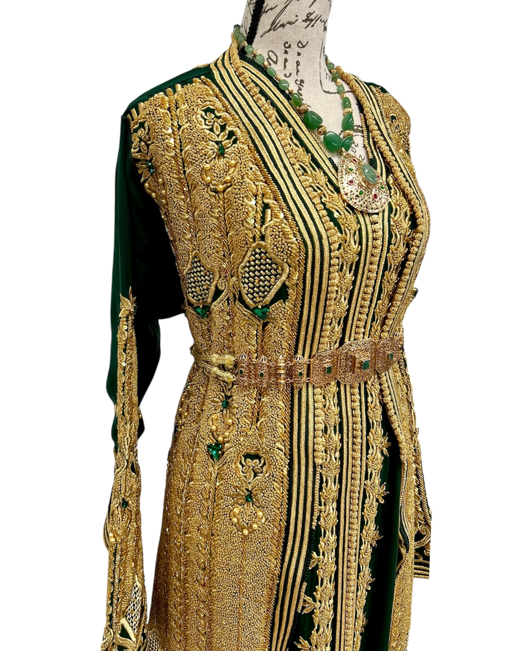 Luxury Emerald Green Moroccan Caftan, Designer Two Piece Bridal Takchita, Hand Beaded Gold & Emerald Stones