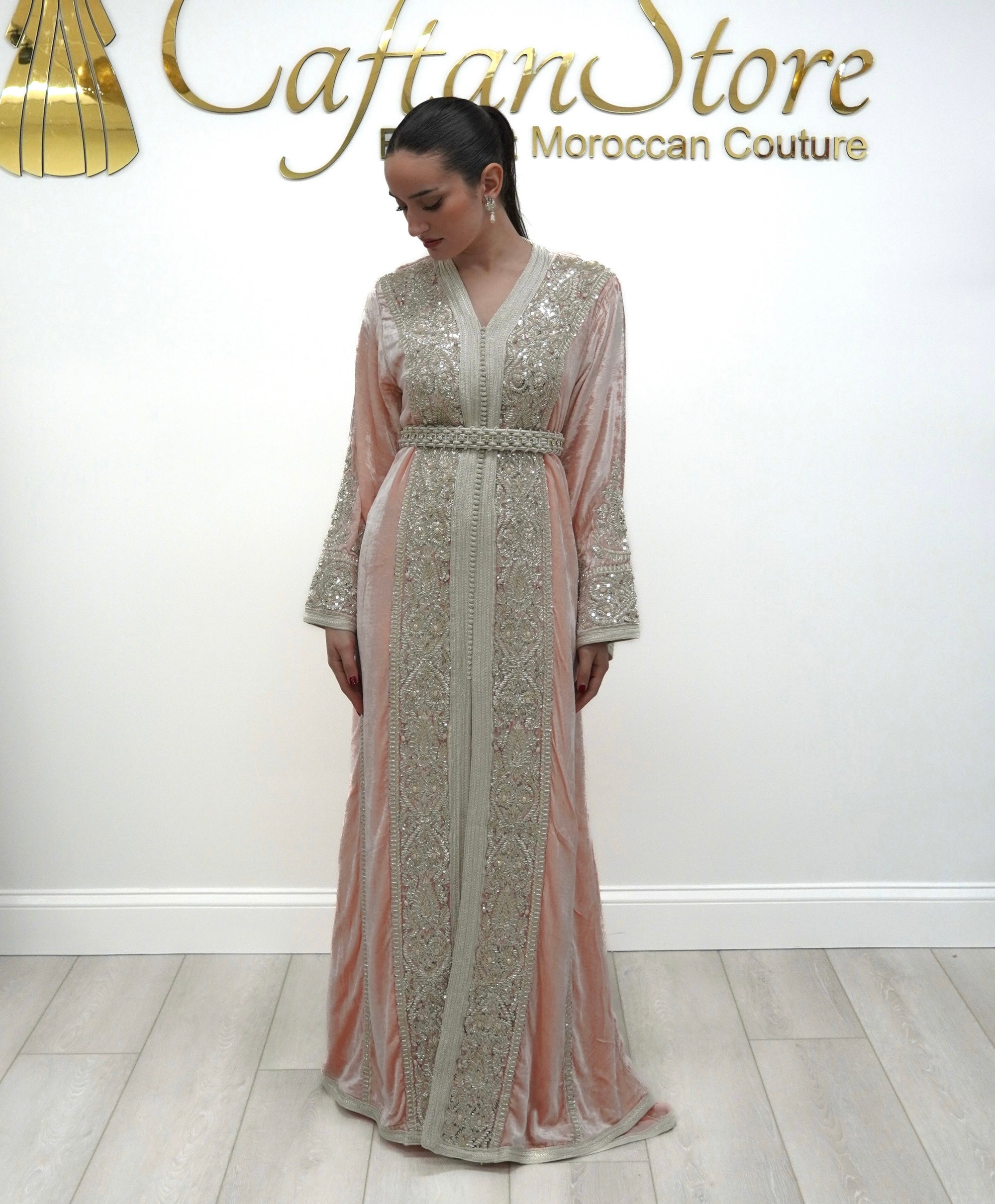 Blush Pink Silk Velvet Moroccan Caftan – Hand-Beaded Regal Elegance