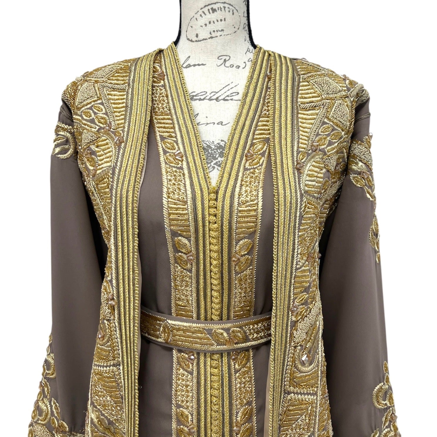Moroccan Takchita – Two-piece Gold Embroidered Mocha Taupe Luxury Caftan
