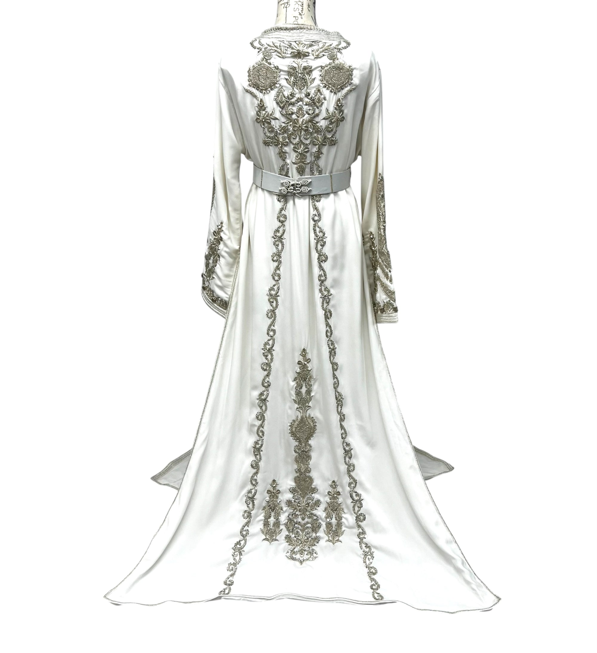 White and Silver Hand Beaded Designer Bridal Takchita with Train