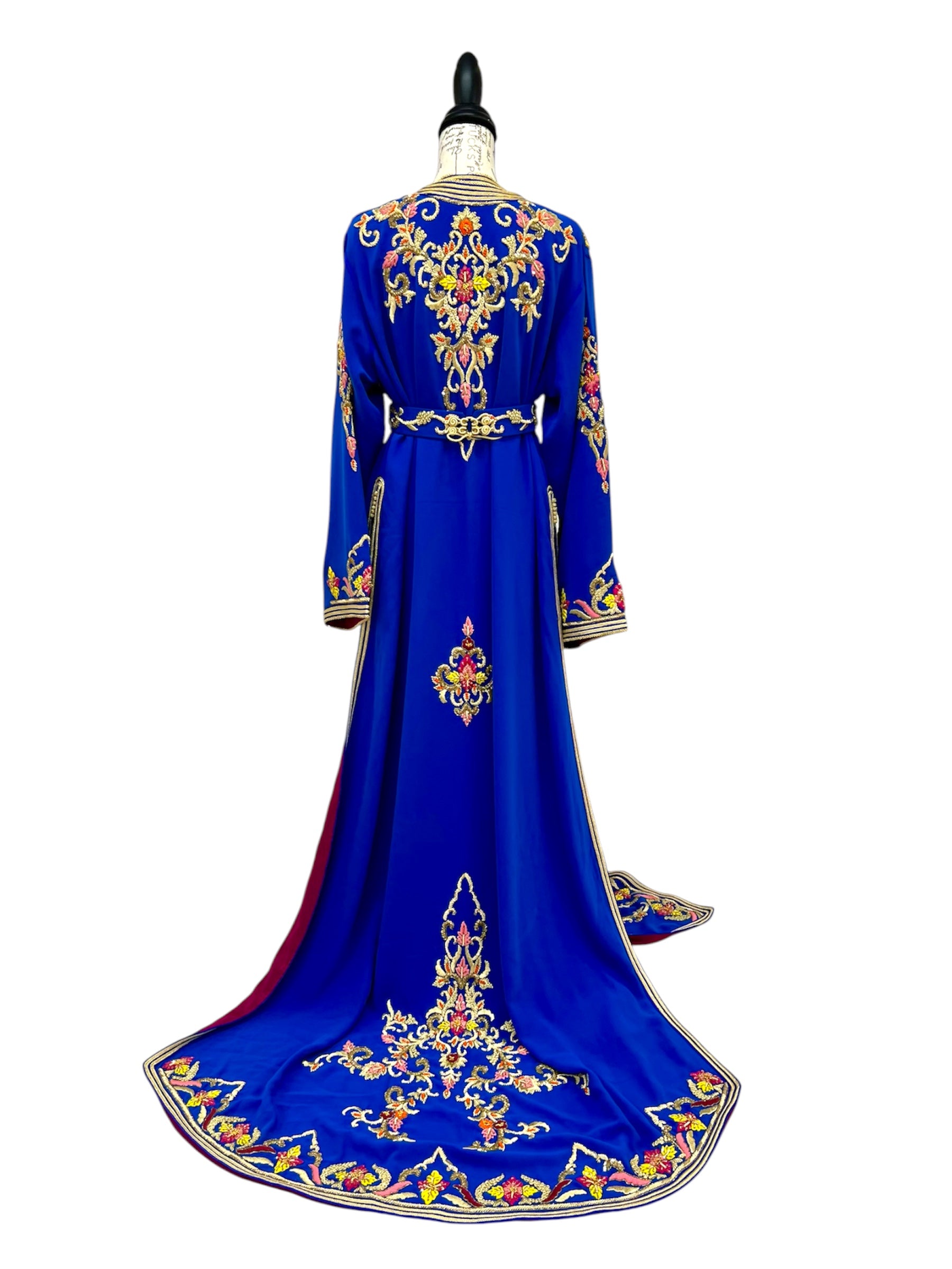 Luxury Royal Blue Moroccan Caftan with Embroidery Beading and Dramatic Train