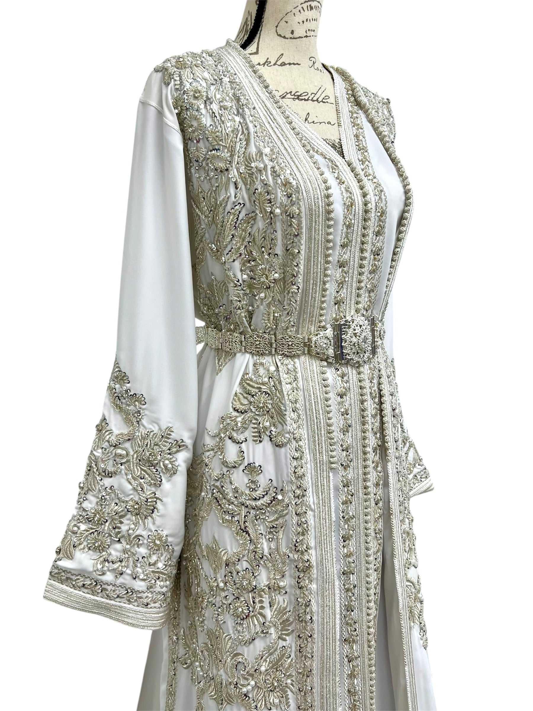 White Moroccan Wedding Takchita with Open Duster Design