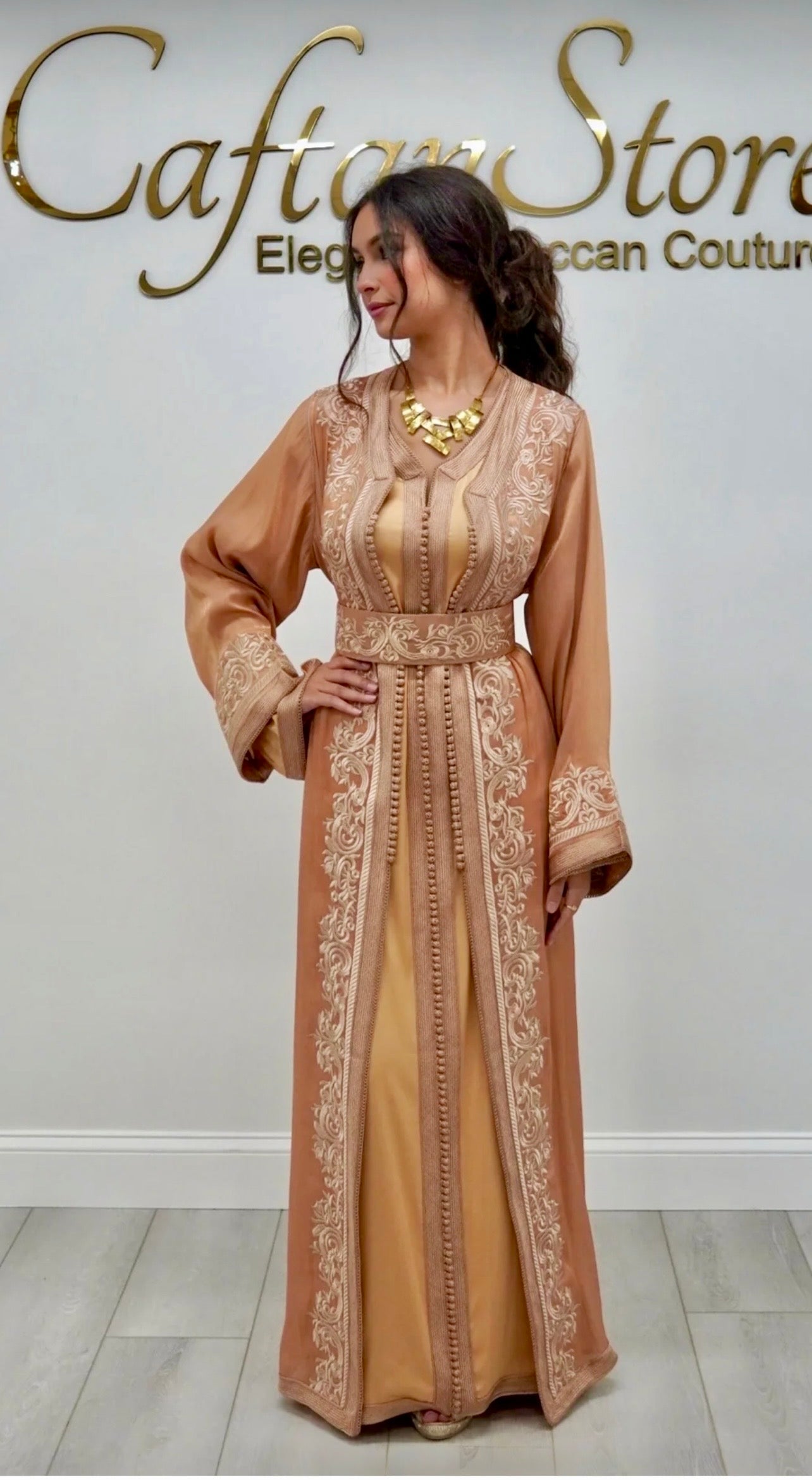 Light Camel Moroccan Takchita – Embroidered Two-Piece Organza Caftan
