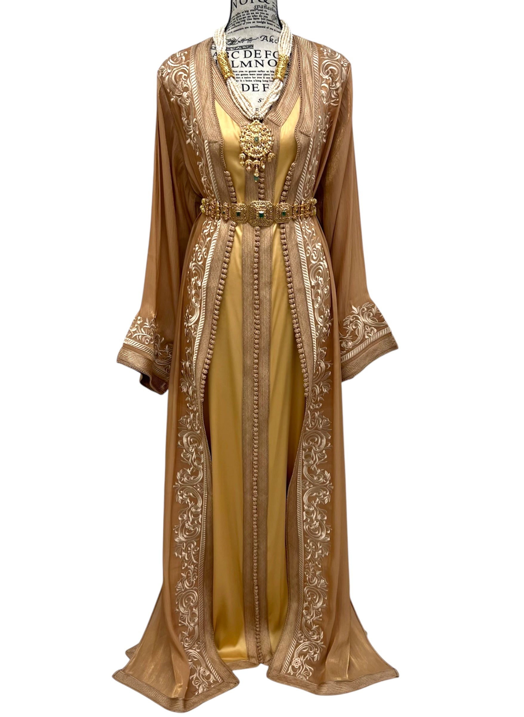 Light Camel Moroccan Takchita – Embroidered Two-Piece Organza Caftan