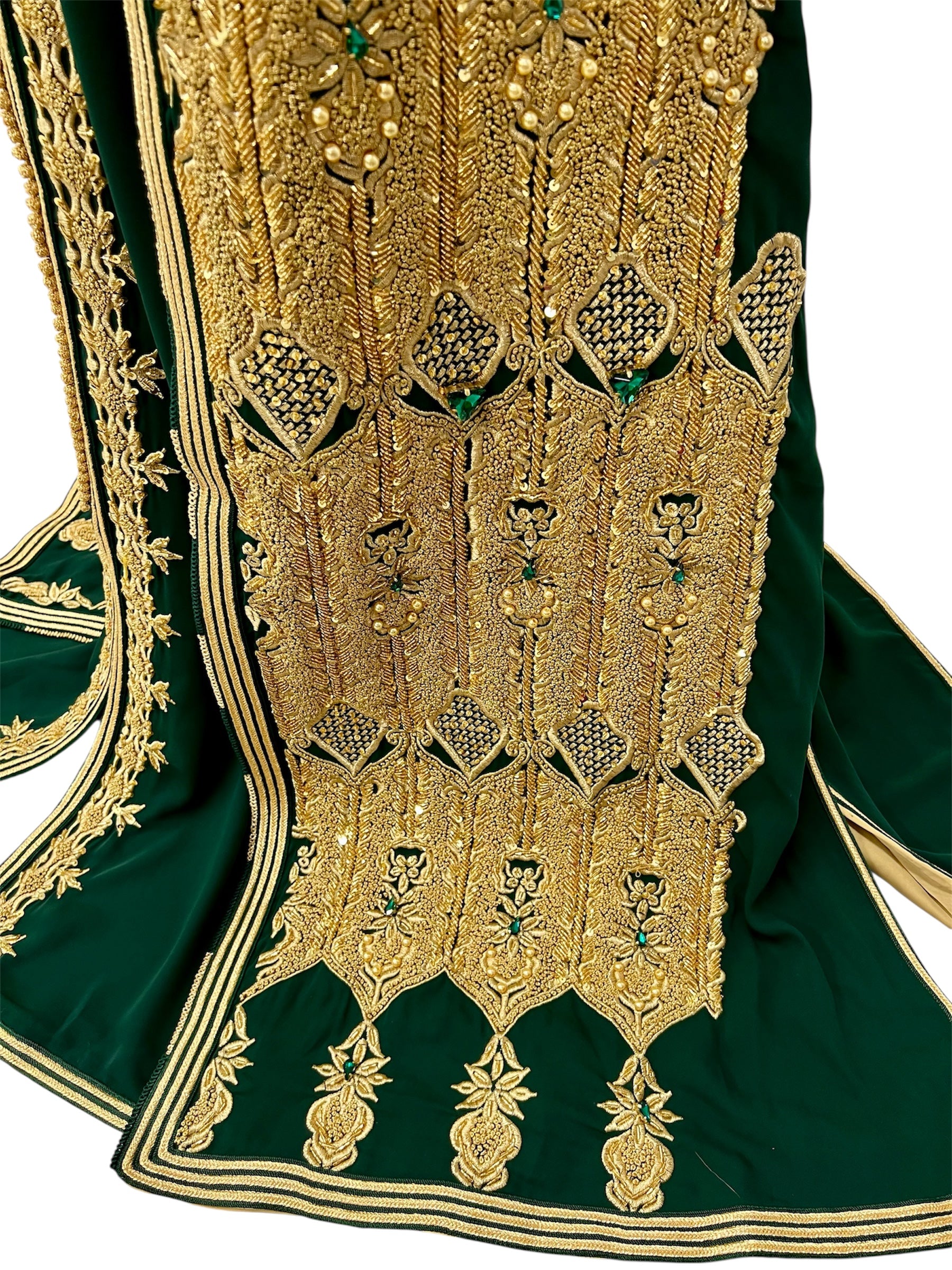 Luxury Emerald Green Moroccan Caftan, Designer Two Piece Bridal Takchita, Hand Beaded Gold & Emerald Stones