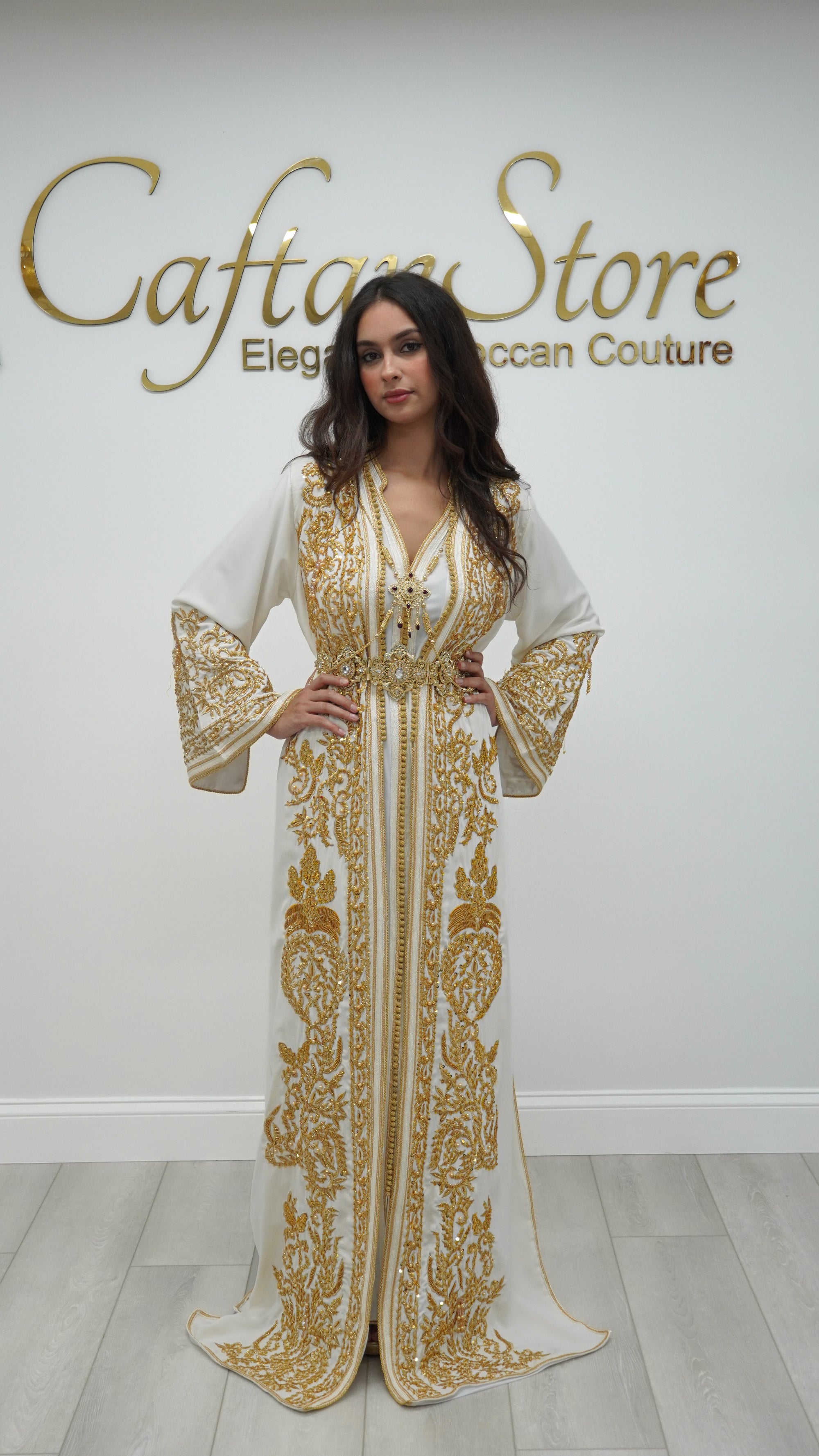 Zahra Moroccan Wedding Dress – White & Gold Embroidered Bridal Takchita Caftan