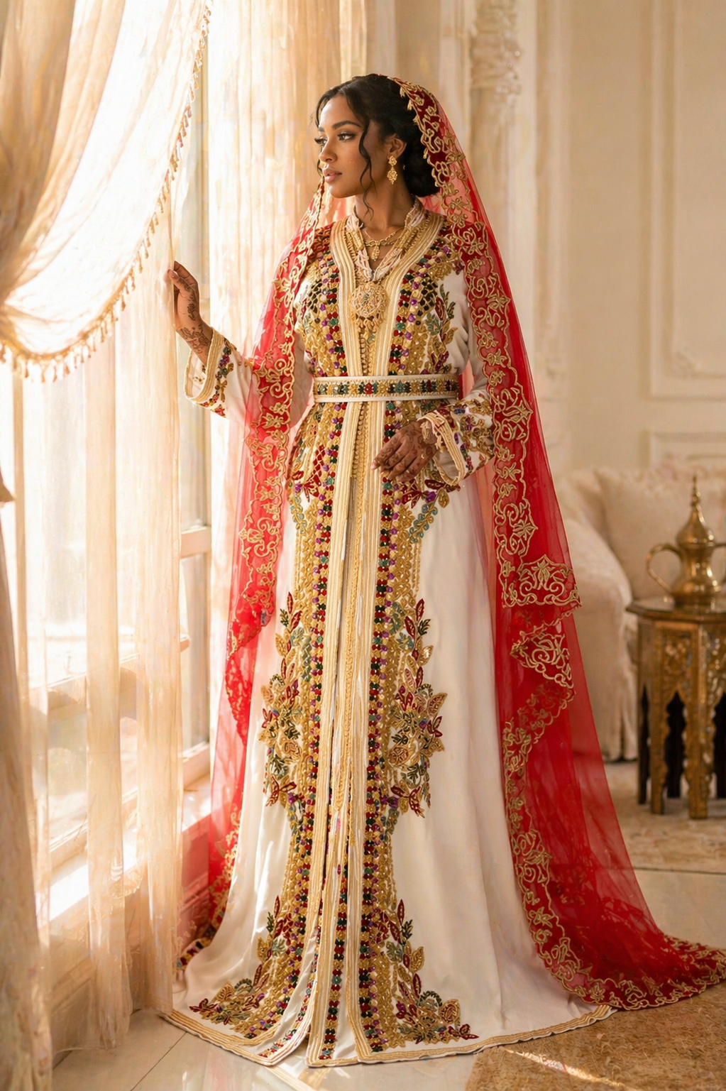 Ivory Moroccan Caftan with Gold Embroidery and Beading
