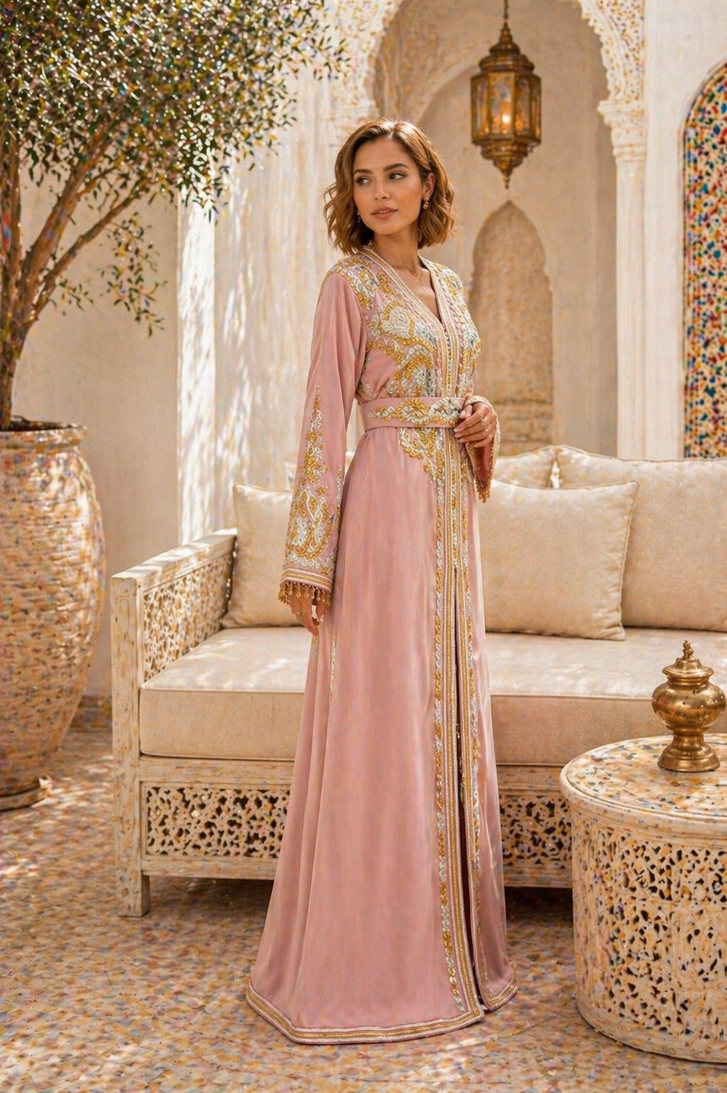 Blush Moroccan Caftan with Gold & Silver Embroidery and Beading