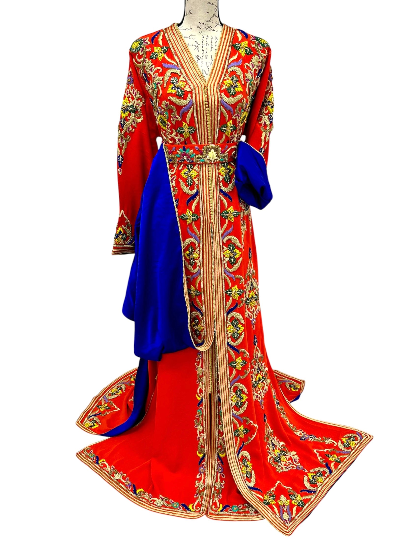 Designer Two Piece Orange Caftan with Satin Lining Embroidery and Train