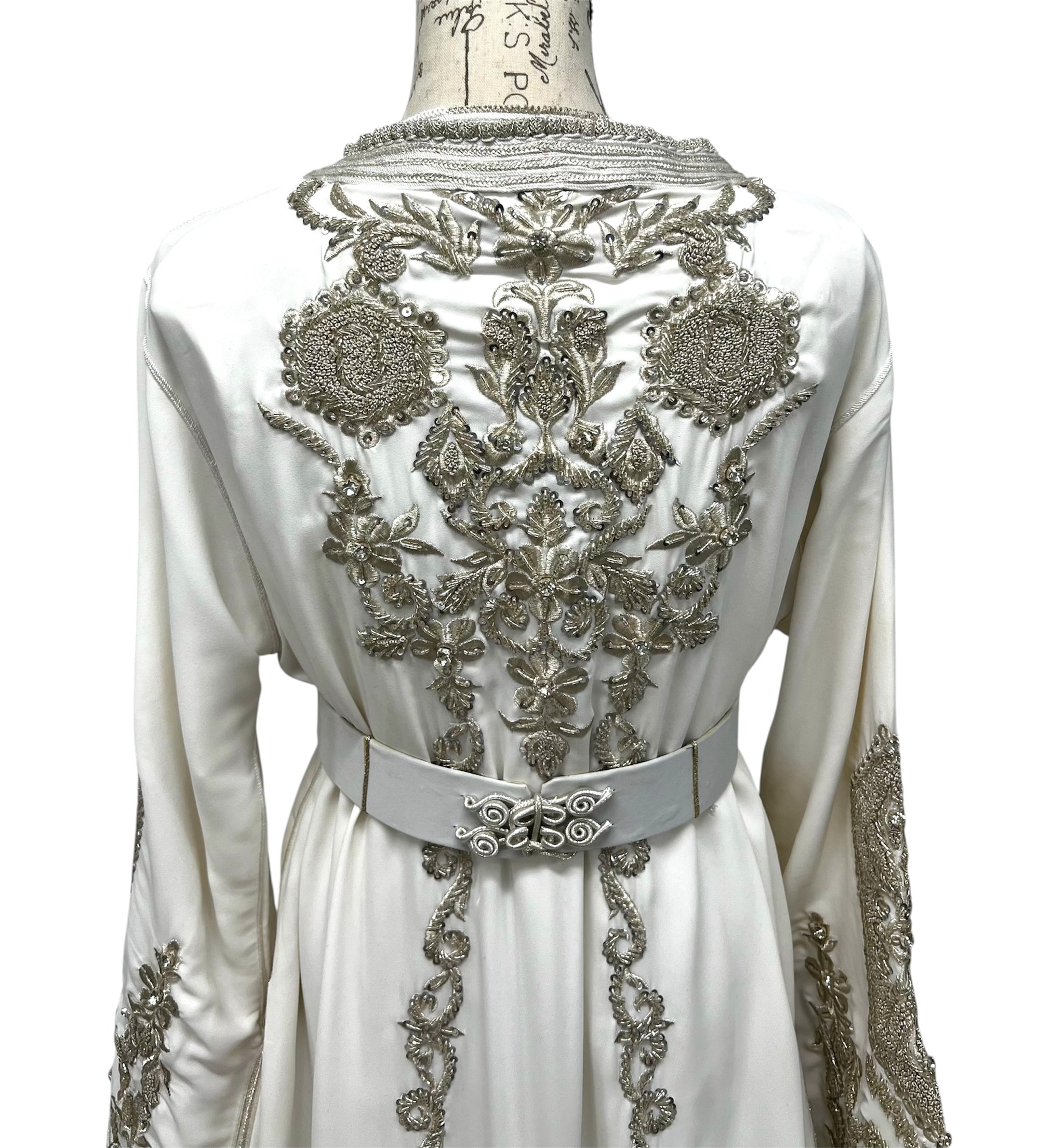 White and Silver Hand Beaded Designer Bridal Takchita with Train