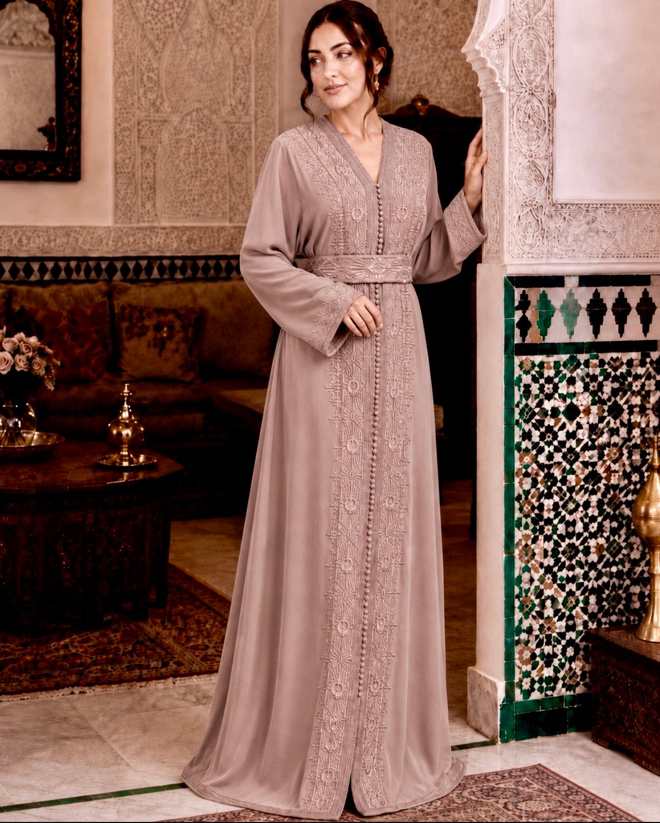 Moroccan Caftan – Embroidered Crepe Dress with Modest Long Sleeves