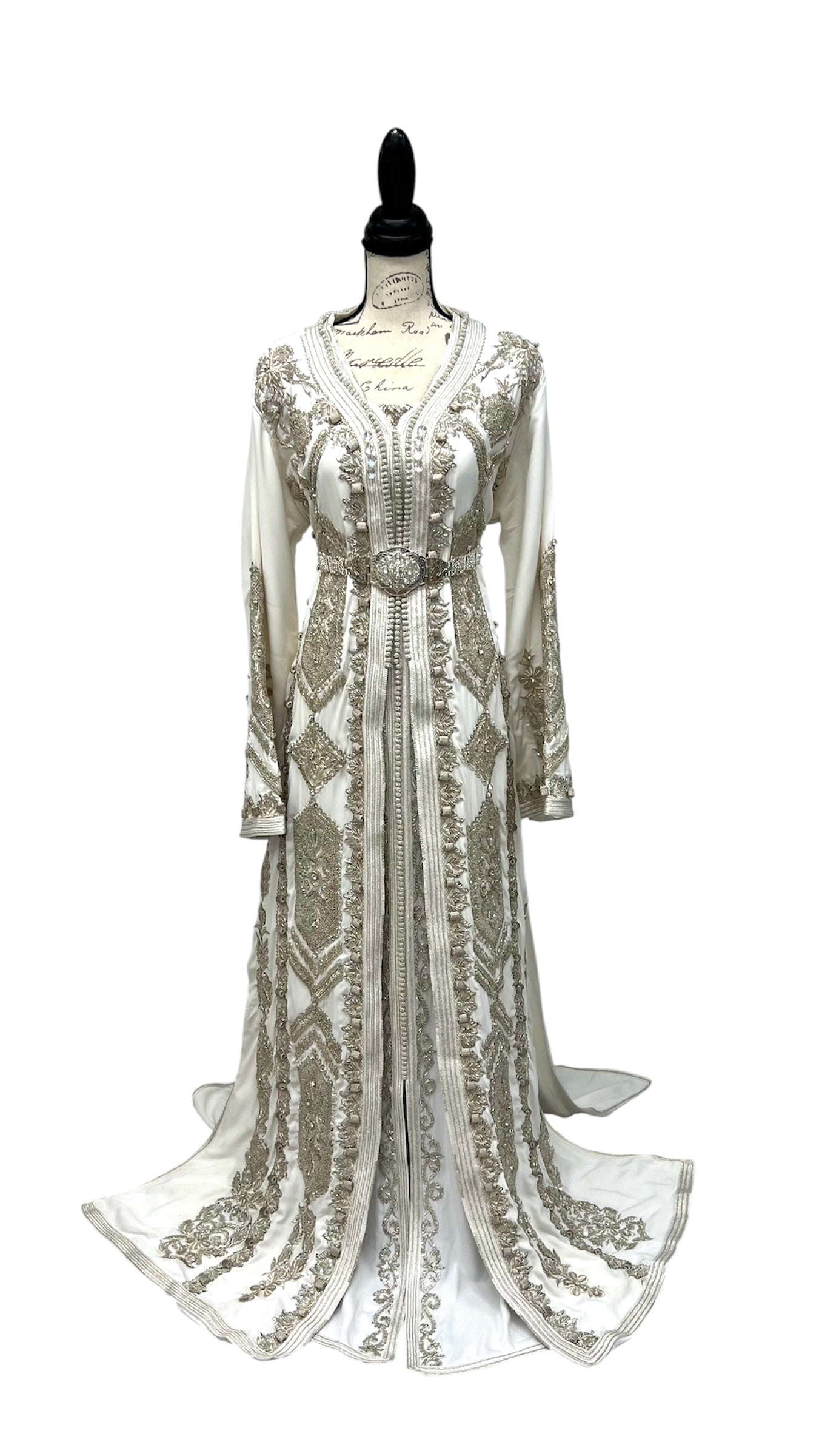 White and Silver Hand Beaded Designer Bridal Takchita with Train