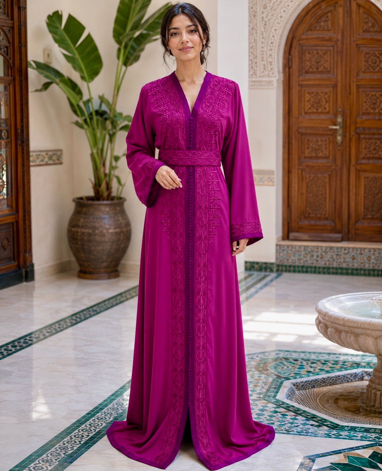 Magenta bestickter Crêpe-Kaftan