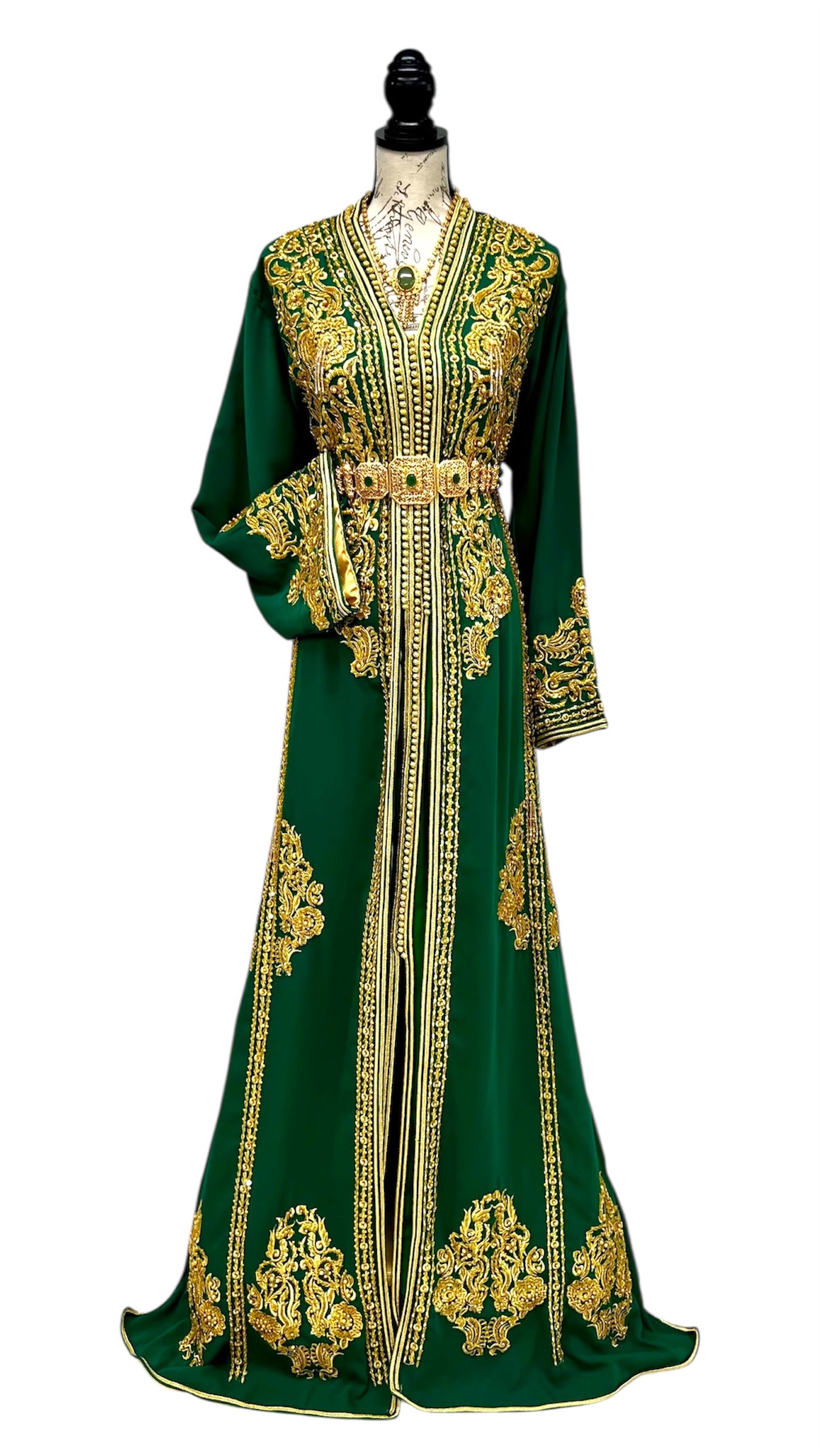 Royal Green & Gold Embroidered 2-Piece Moroccan Caftan with Optional Veil & Accessories