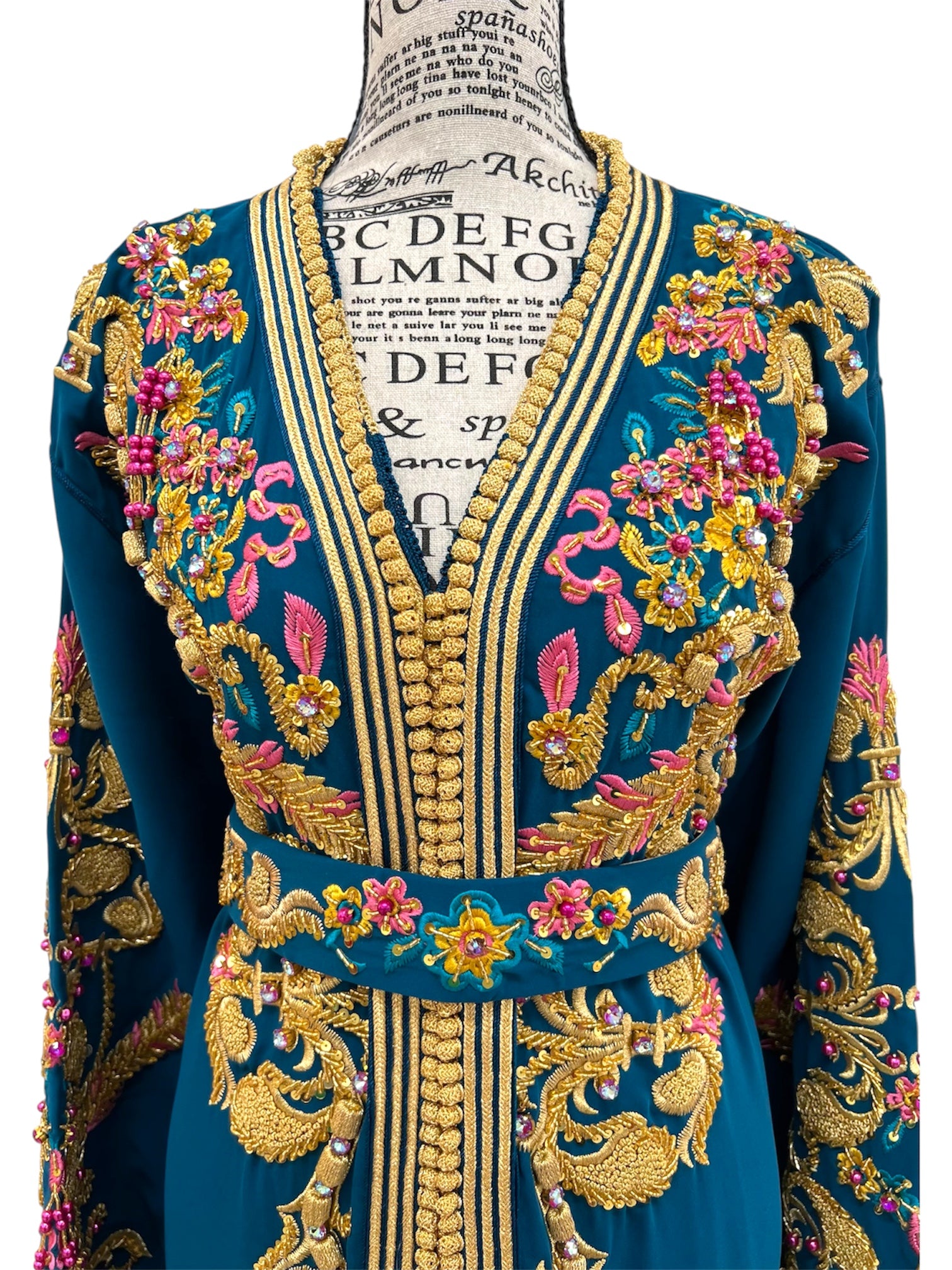 Teal & Magenta Moroccan Bridal Takchita with Hand-Beaded Gold Embroidery