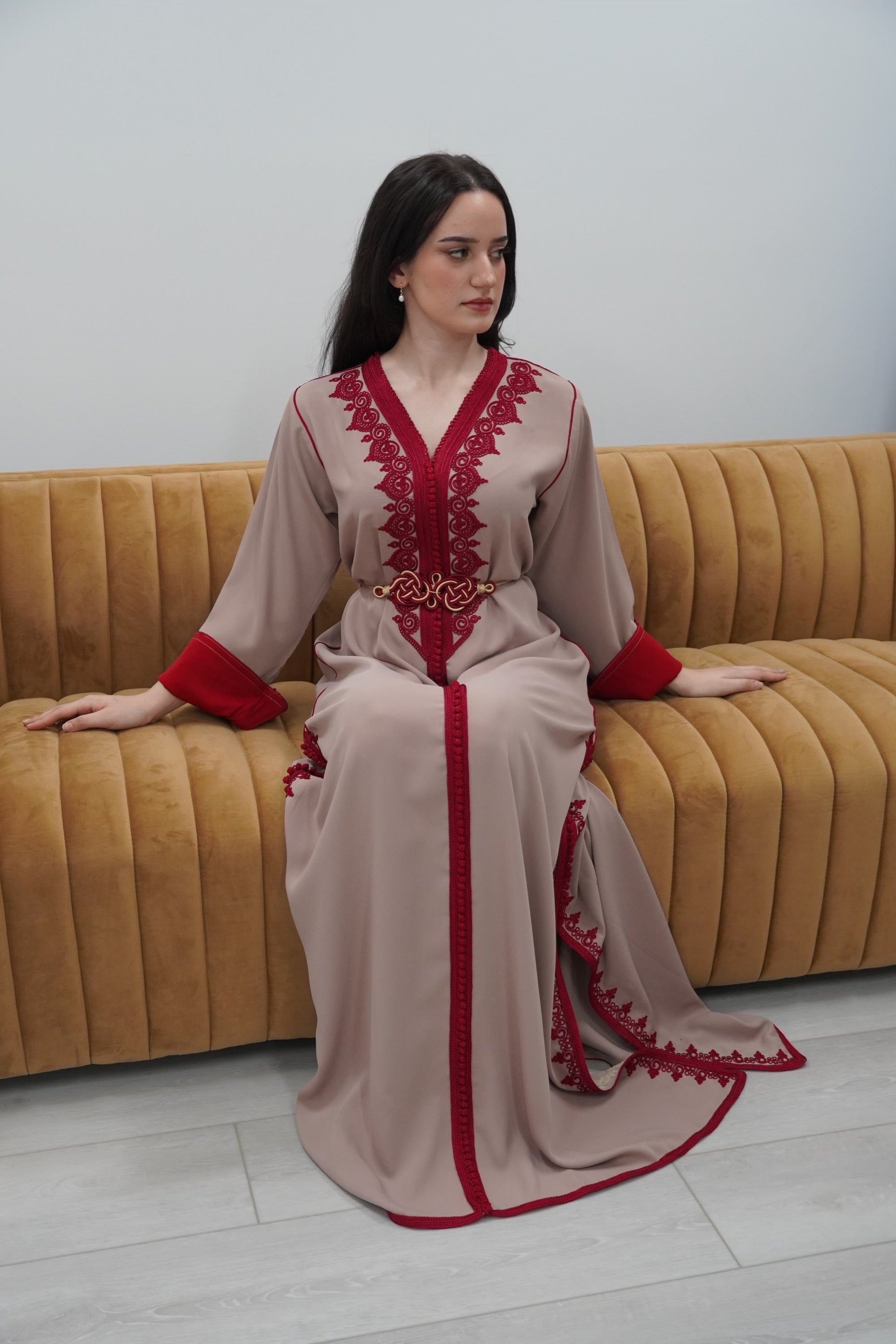 Chic Taupe Caftan with Burgundy Accents for Eid and Events