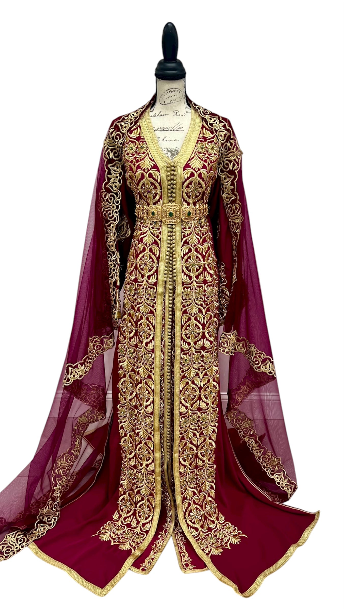 Two-Piece Fuchsia Caftan with Gold Embroidery