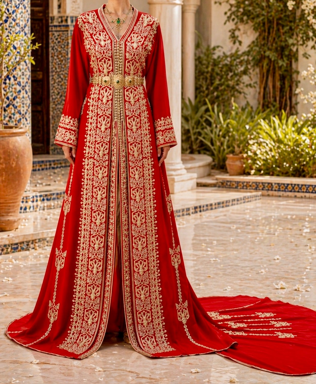Red Bridal Caftan with Gold Embroidery and Train – Elegant Wedding Attire